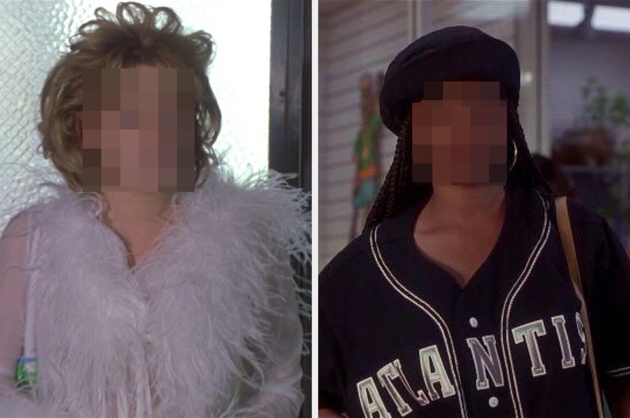 Two people in distinct outfits: one in a feathered garment, the other in a baseball jersey and beret. Both appear in a TV or movie context