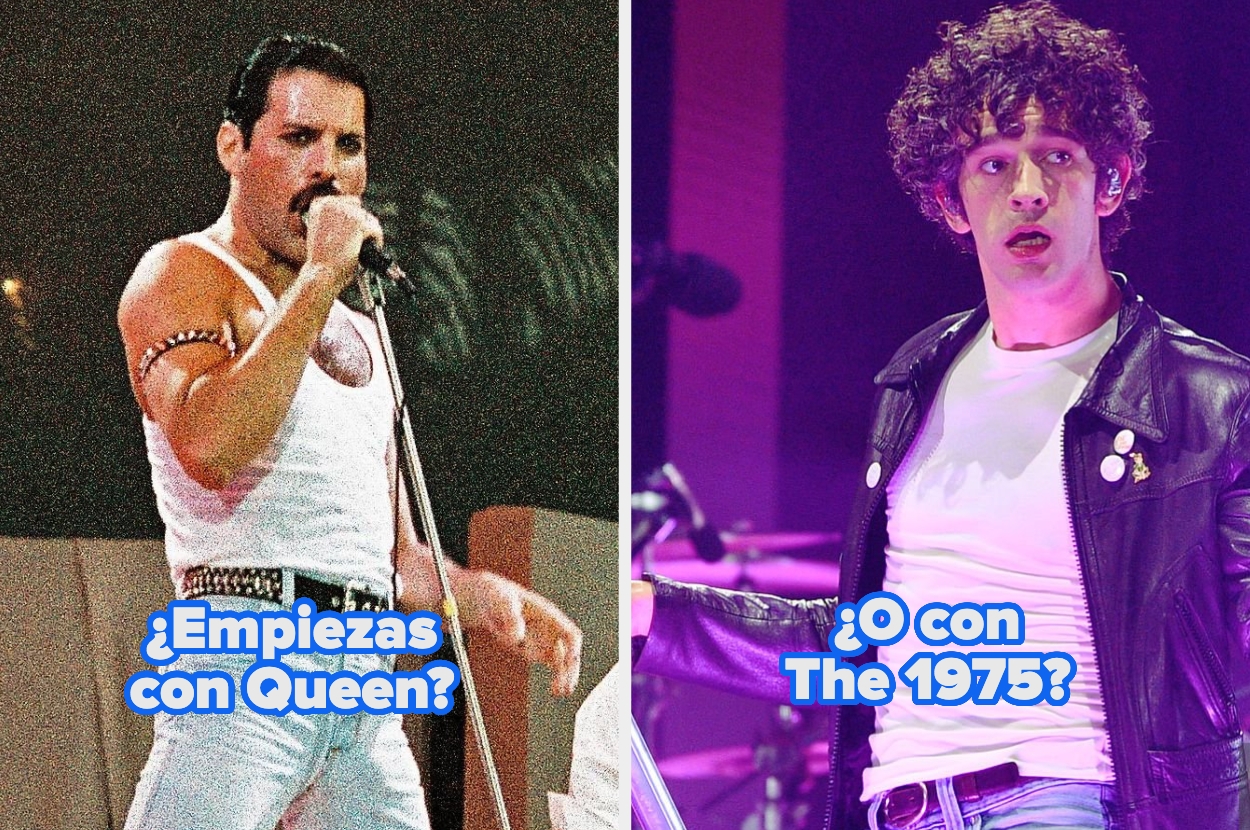 Split image of two singers: one performs energetically with Queen, the other is a member of The 1975. Text asks which band to start with