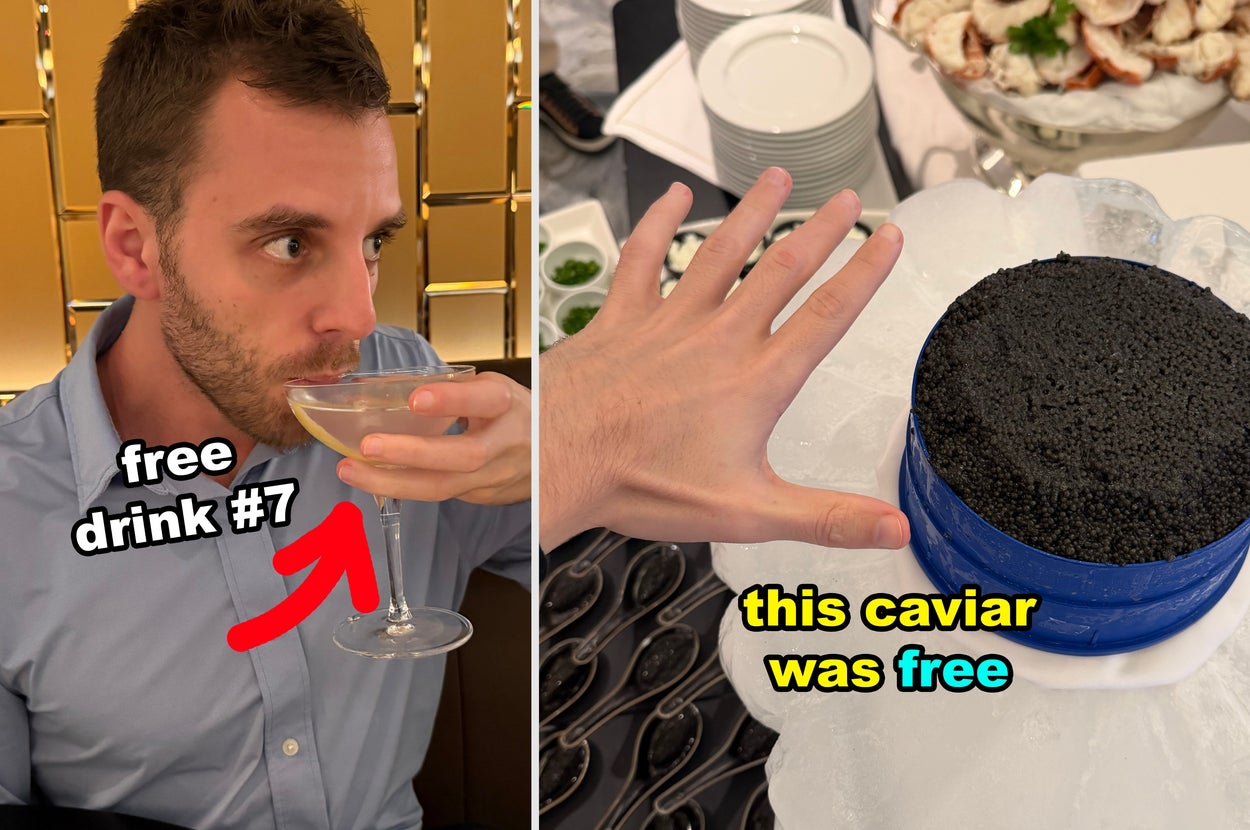 Man sipping a drink at a restaurant; caviar on ice display labeled as "free."