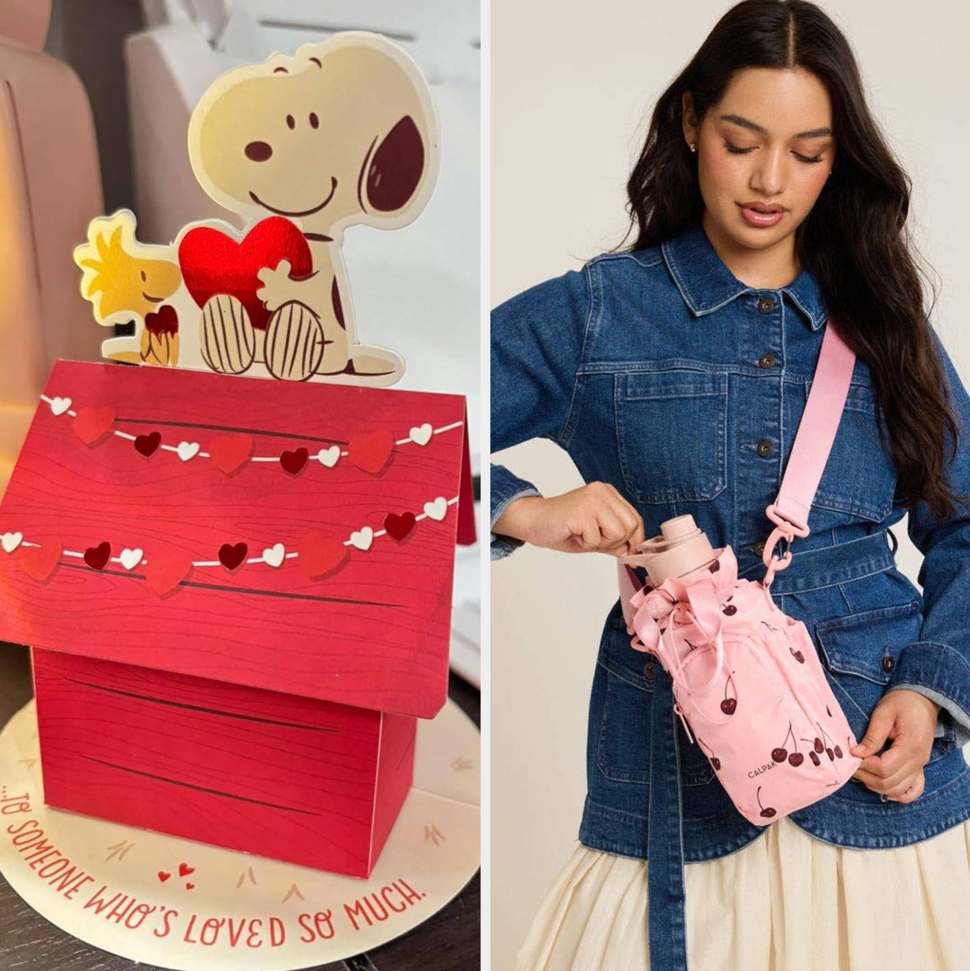 Snoopy decor sits atop a doghouse-themed gift box. A model in denim jacket holds a pink drawstring bag