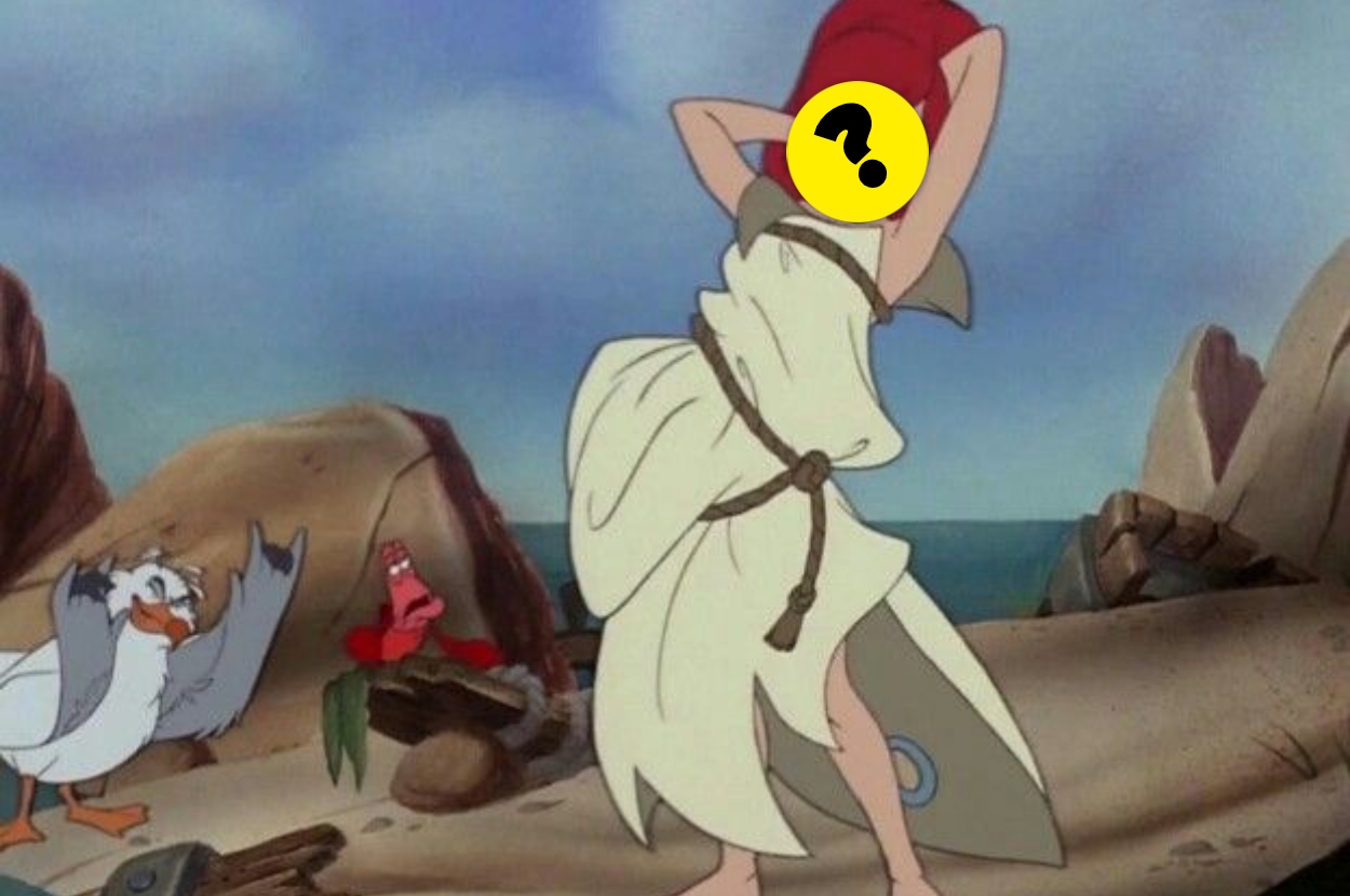Scene from "The Little Mermaid" with Ariel transforming on a beach; Sebastian and Scuttle react in surprise
