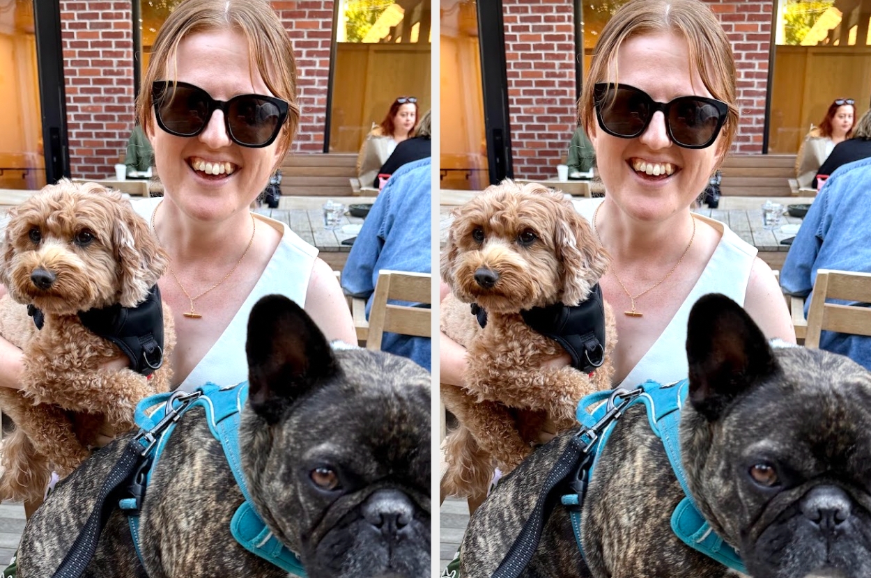 Person smiling outdoors with two dogs, one curly-haired and one with a wrinkled face, enjoying a casual day seated with others in the background