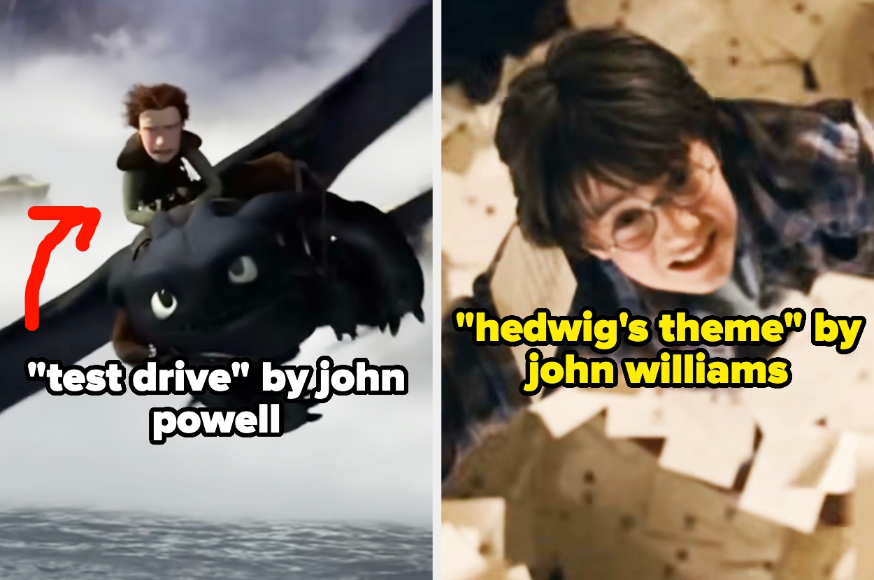 A flying character on a dragon with text "test drive" by John Powell; next to a character with letters, text "hedwig's theme" by John Williams