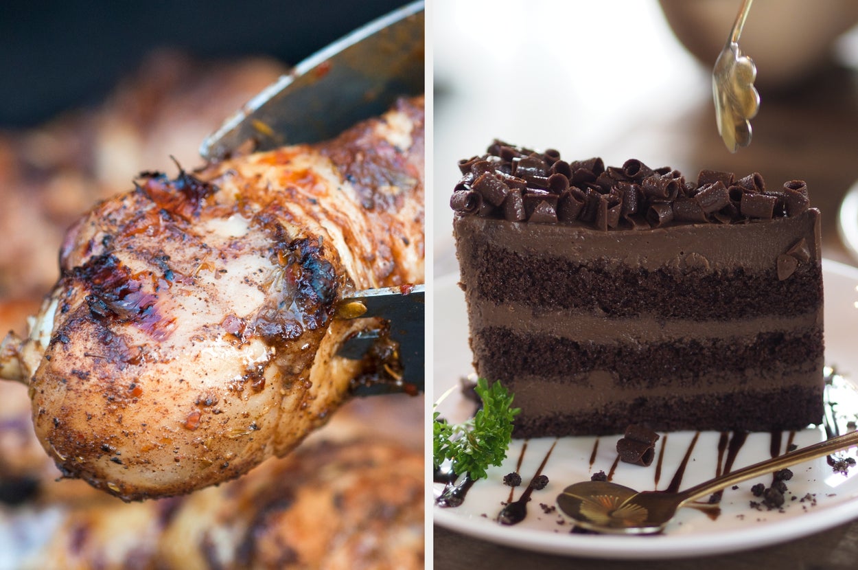 Grilled chicken being served on the left; a decadent chocolate cake slice with garnishes on the right