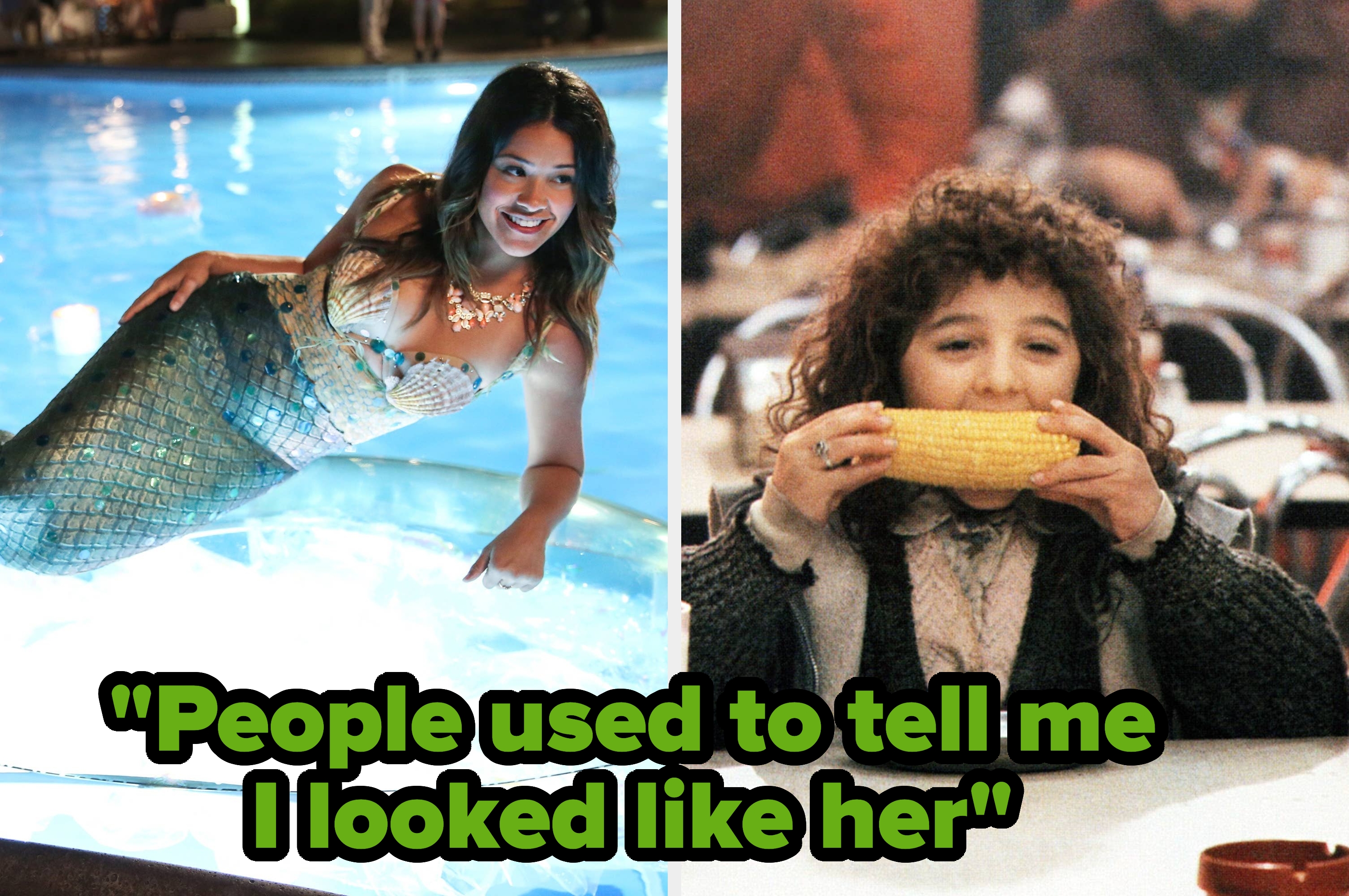 On the left, a person dressed as a mermaid smiles by a pool; on the right, a person eagerly eats corn at a table