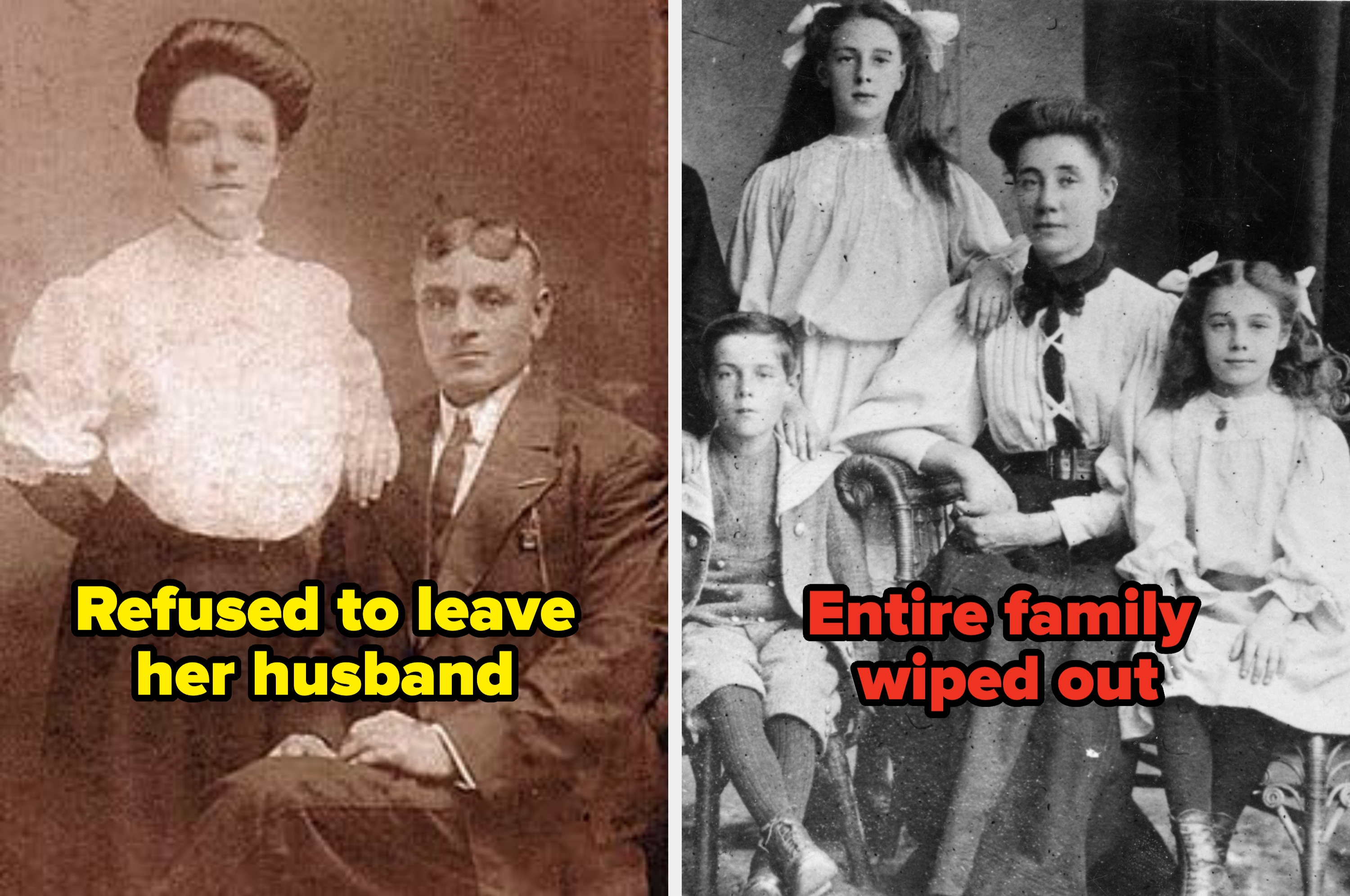Historic side-by-side images with text revealing the tragic family loss on the right compared to a woman who stayed with her husband on the left