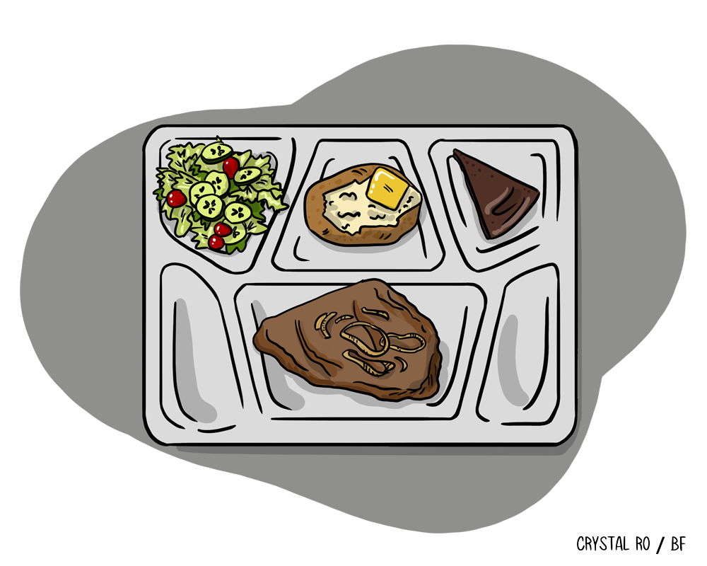 Illustrasjon av et kafeteriabrett med kjøtt, potetmos med smør, salat og en kakeskive