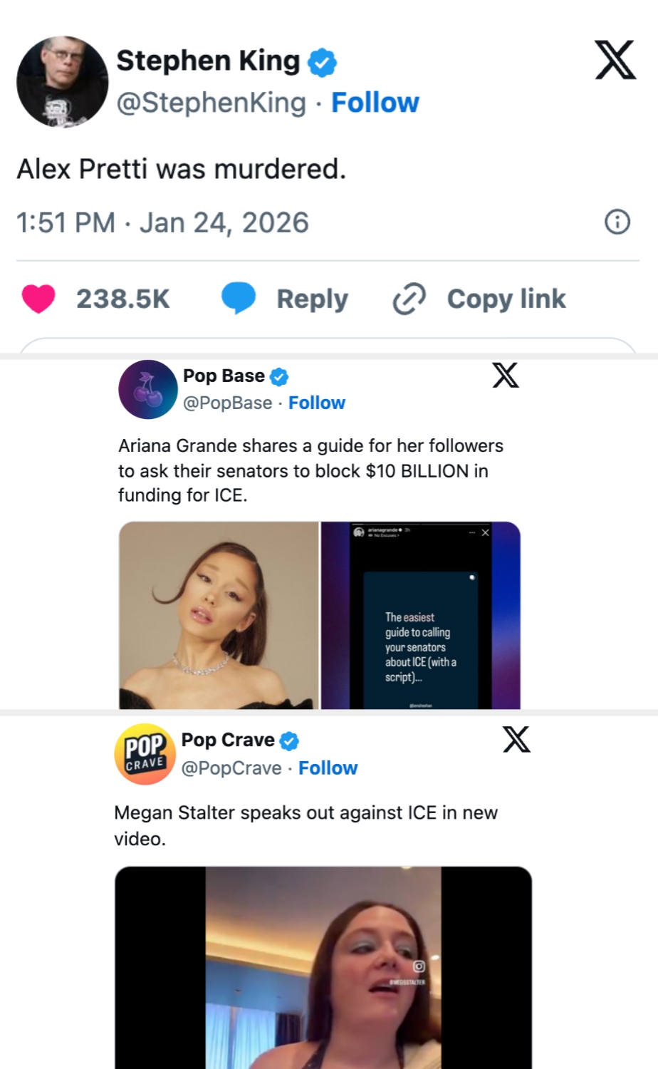 Innlegg i sosiale medier: Stephen King tvitrer om drapet på Alex Pretti. Andre innlegg inneholder Ariana Grande som veileder følgere om finansiering av ICE og Megan Stalter som kritiserer ICE