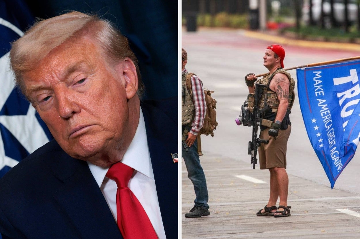 Left: A man in a suit with a red tie looks down. Right: Person holding a Trump flag and wearing tactical gear at a street protest