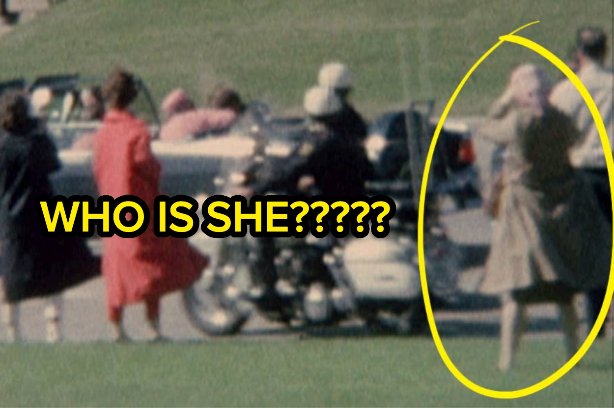 Blurry historical photo of people near a motorcade. Text reads "WHO IS SHE????" with a circled figure