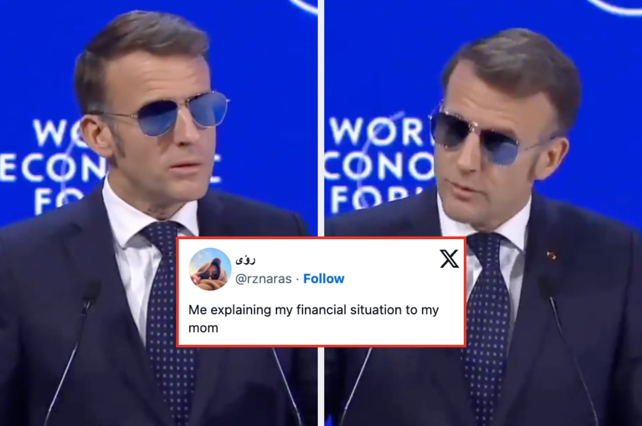 Two images of a man in a suit and sunglasses speaking at a forum. Overlay text reads: "Me explaining my financial situation to my mom."