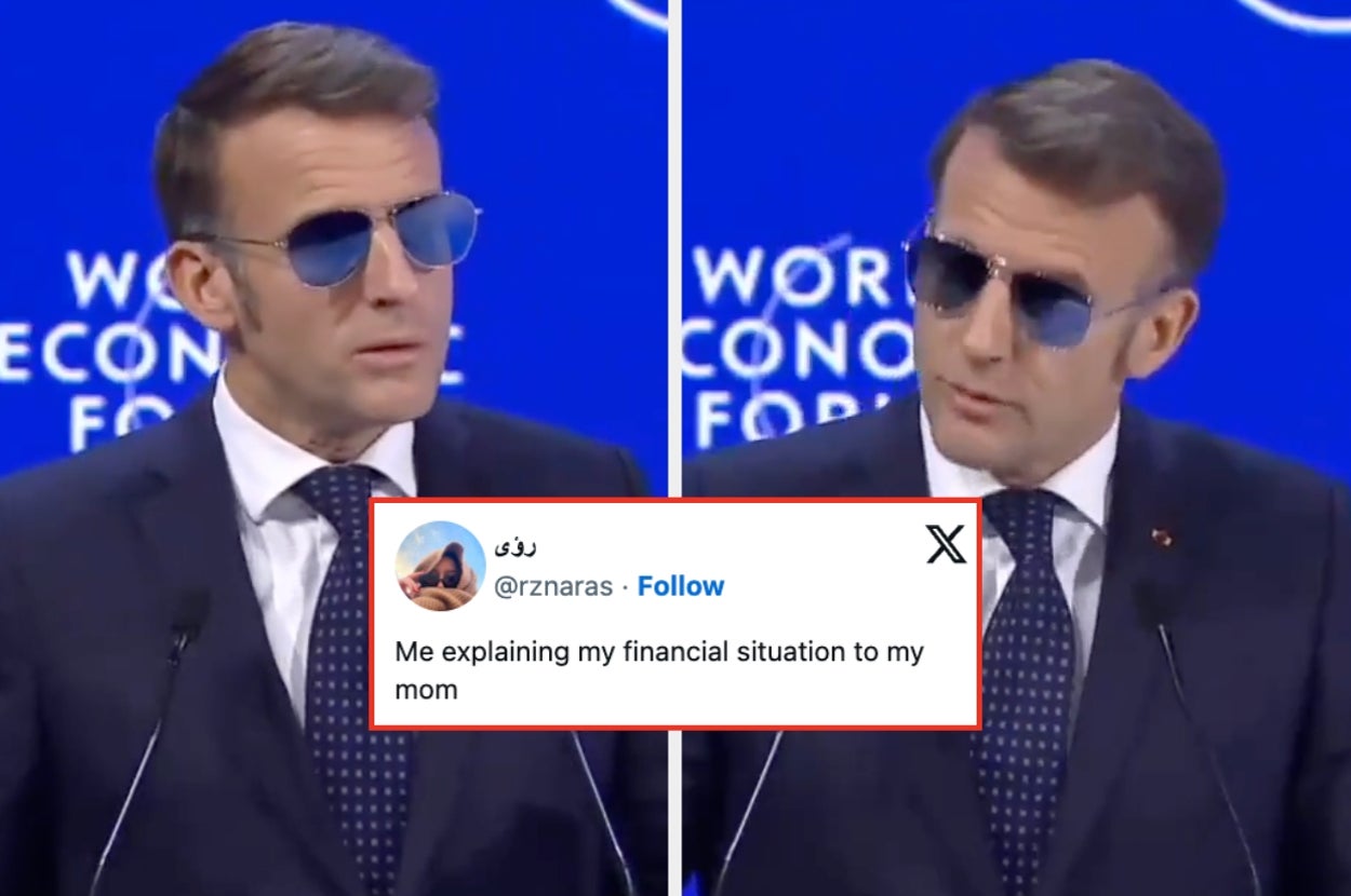 Two images of a man in a suit and sunglasses speaking at a forum. Overlay text reads: "Me explaining my financial situation to my mom."