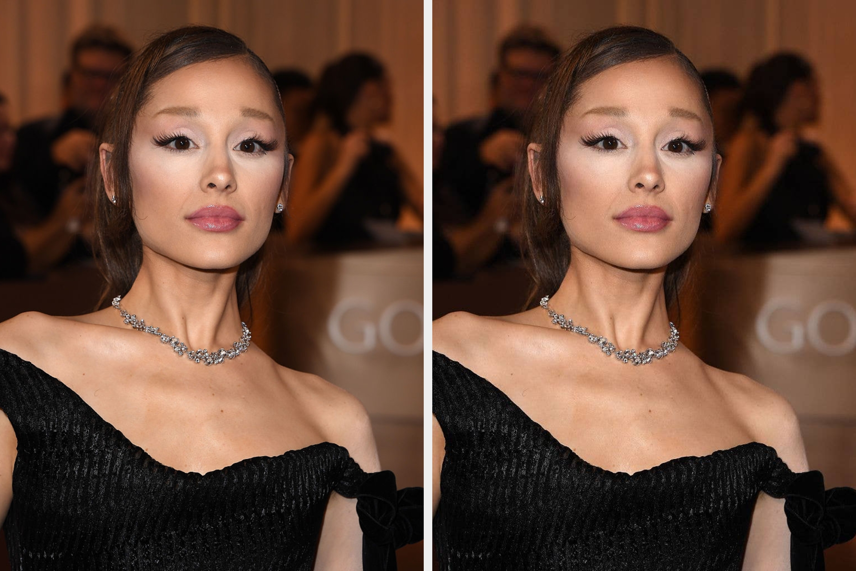 Person in elegant black off-the-shoulder gown and diamond necklace at a formal event