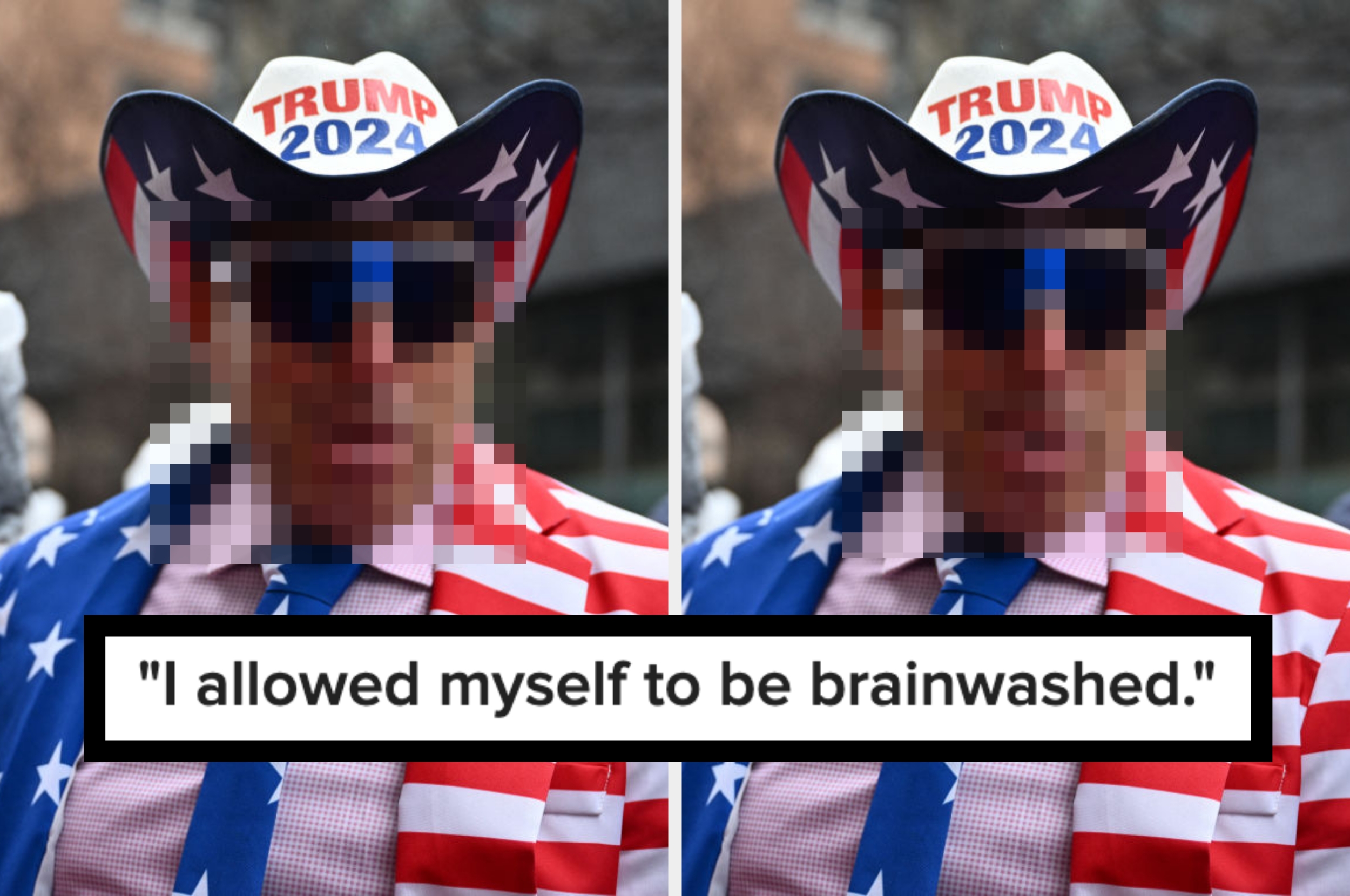 Person in a star-spangled suit and "Trump 2024" hat with visible quote: "I allowed myself to be brainwashed."