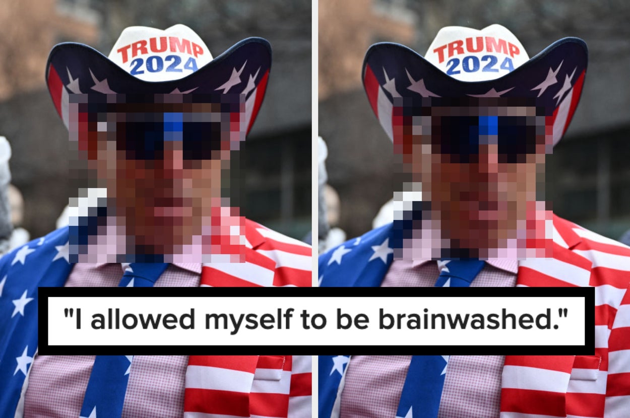 Person in a star-spangled suit and "Trump 2024" hat with visible quote: "I allowed myself to be brainwashed."