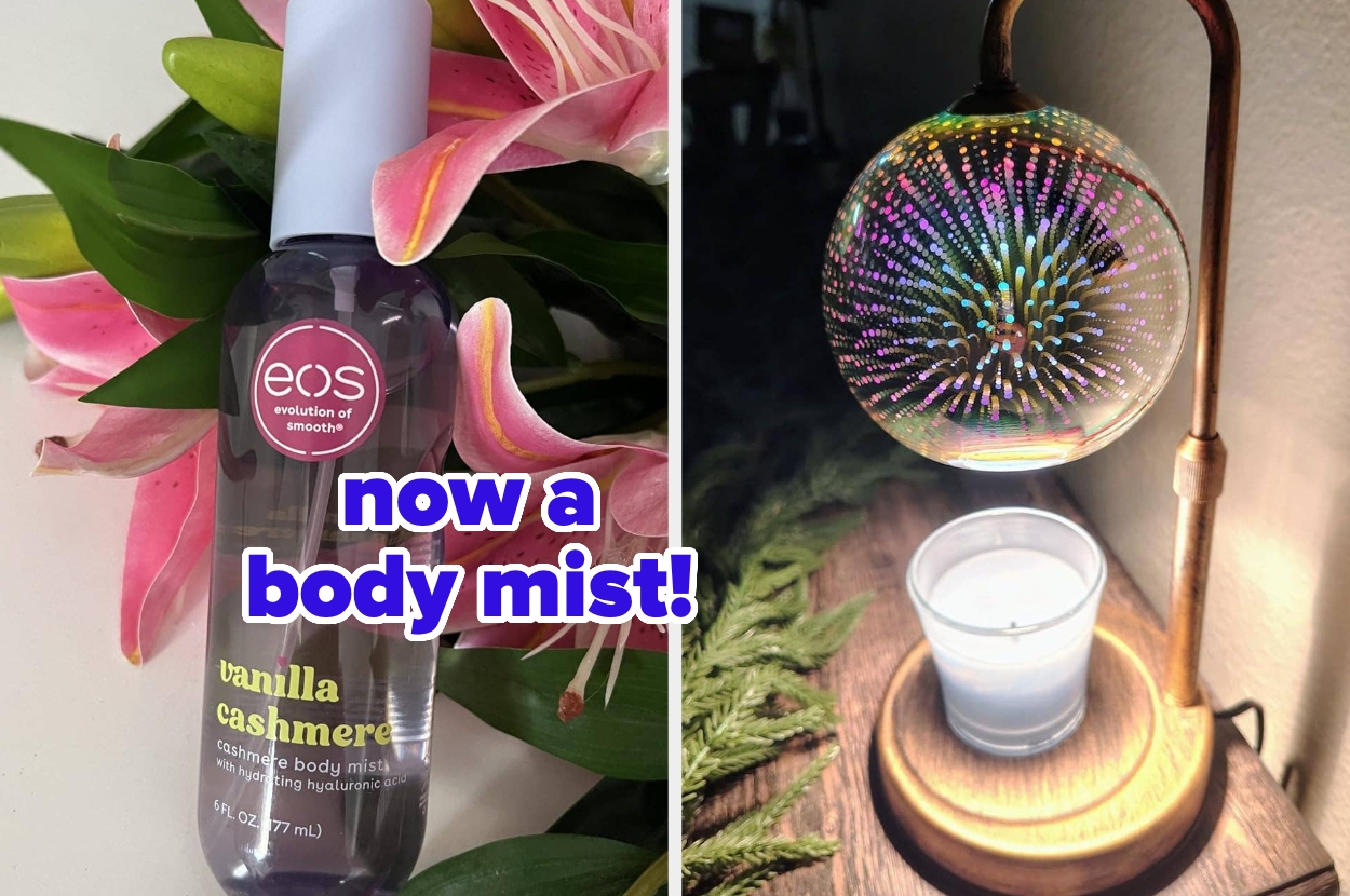 Vanilla cashmere body mist bottle on left with pink flowers; decorative light with candle on right