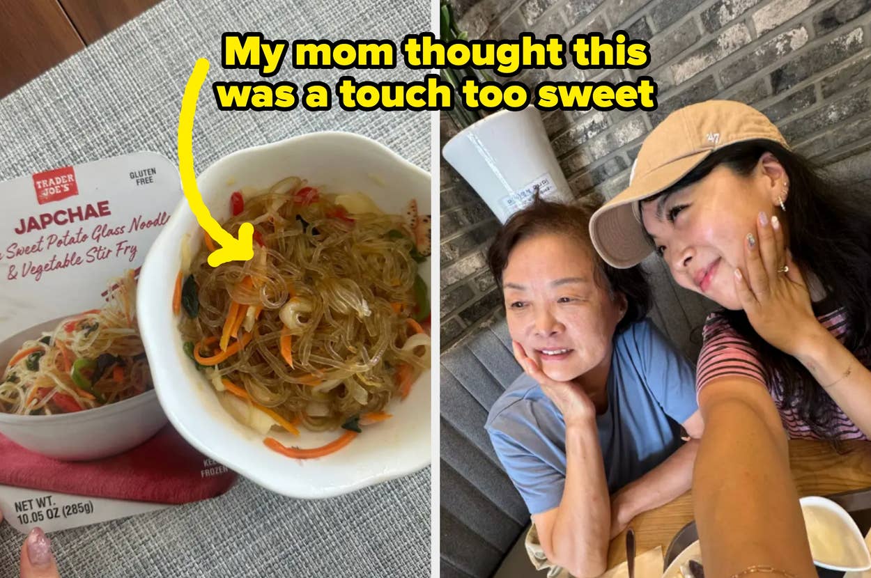 Two women smiling at a restaurant table, next to a packaged japchae labeled as "a touch too sweet."