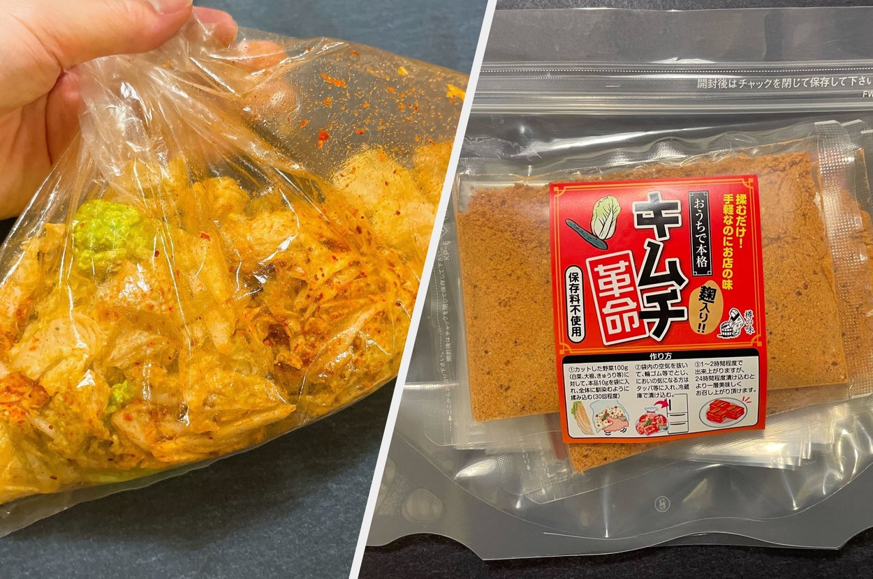 袋に入った手作りキムチと「キムチ革命」のパッケージ