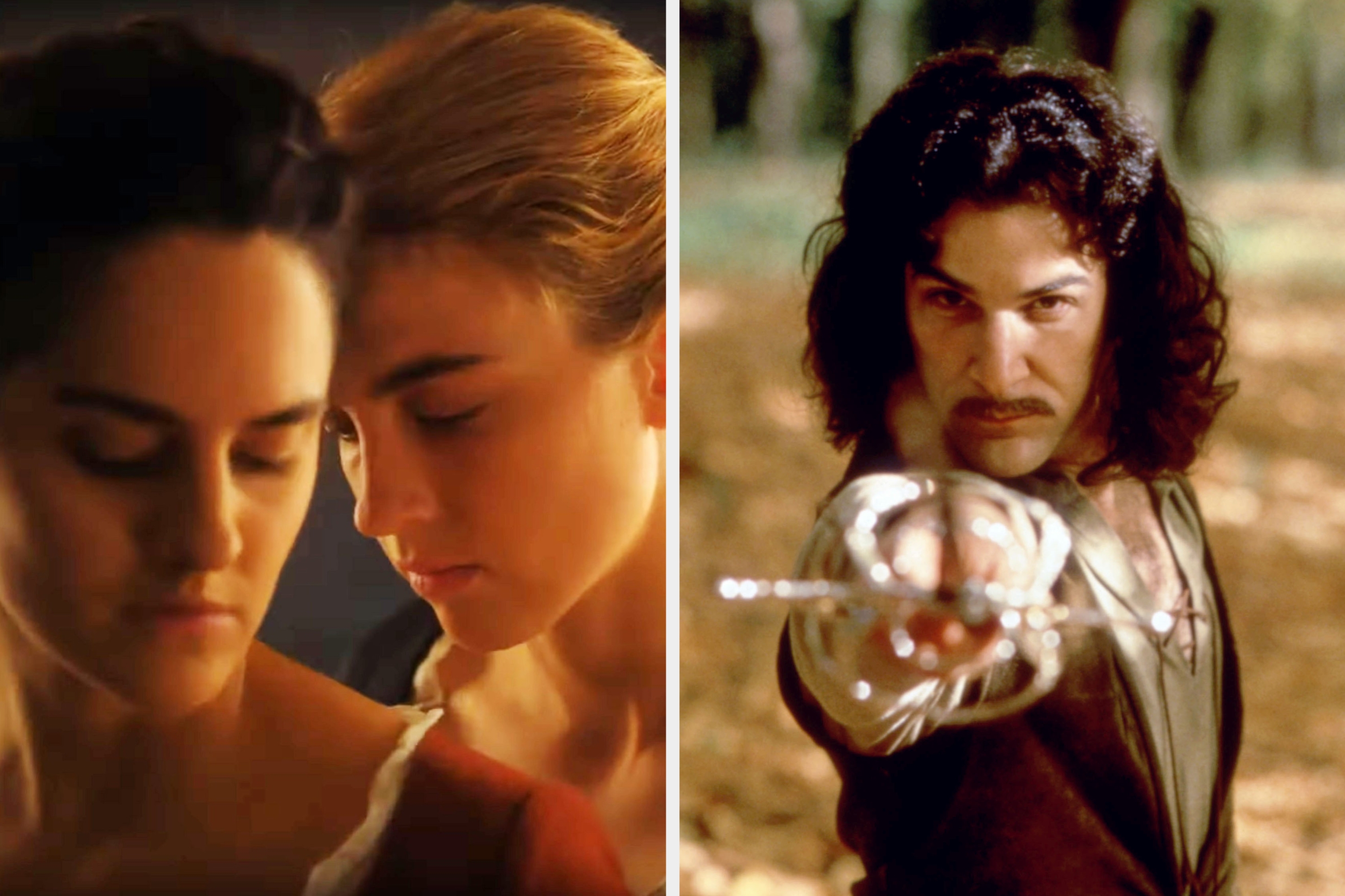 Two movie scenes: left, two people in a close moment; right, a person with curly hair points a sword towards the viewer, posing dramatically