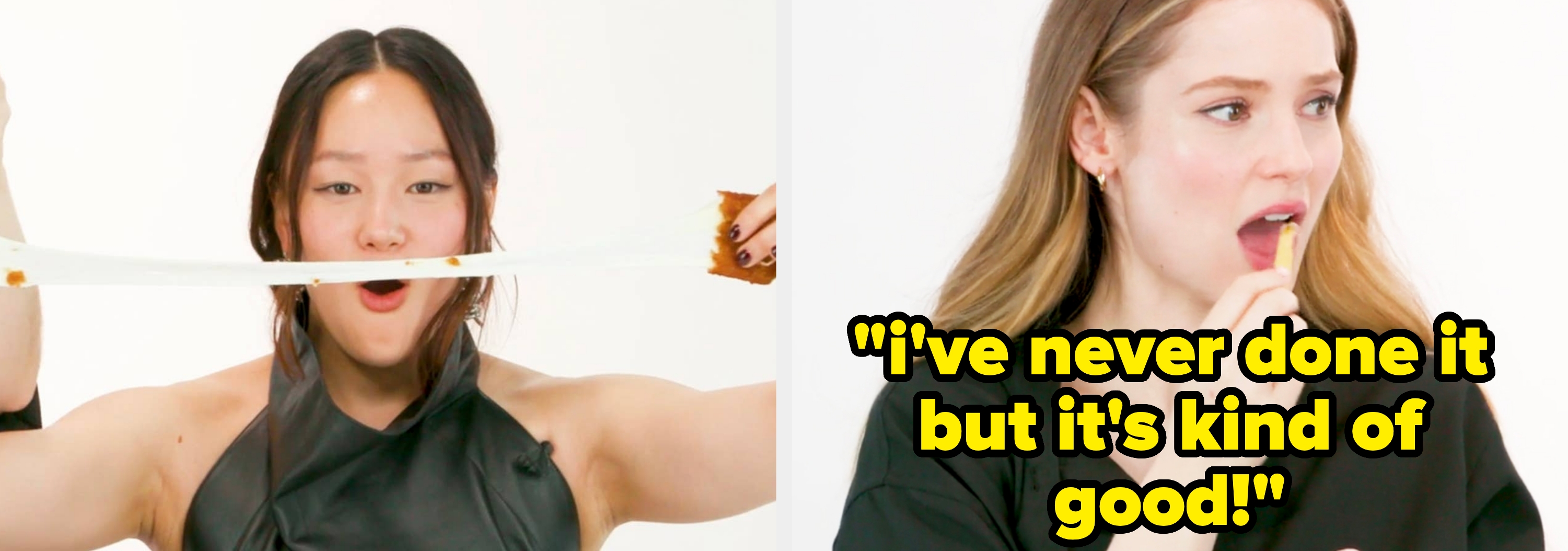 Yerin Ha gasping at a cheese pull in a mozzarella stick, and Hannah Dodd dipping a fry in a shake and saying, "I've never done it but it's kind of good"