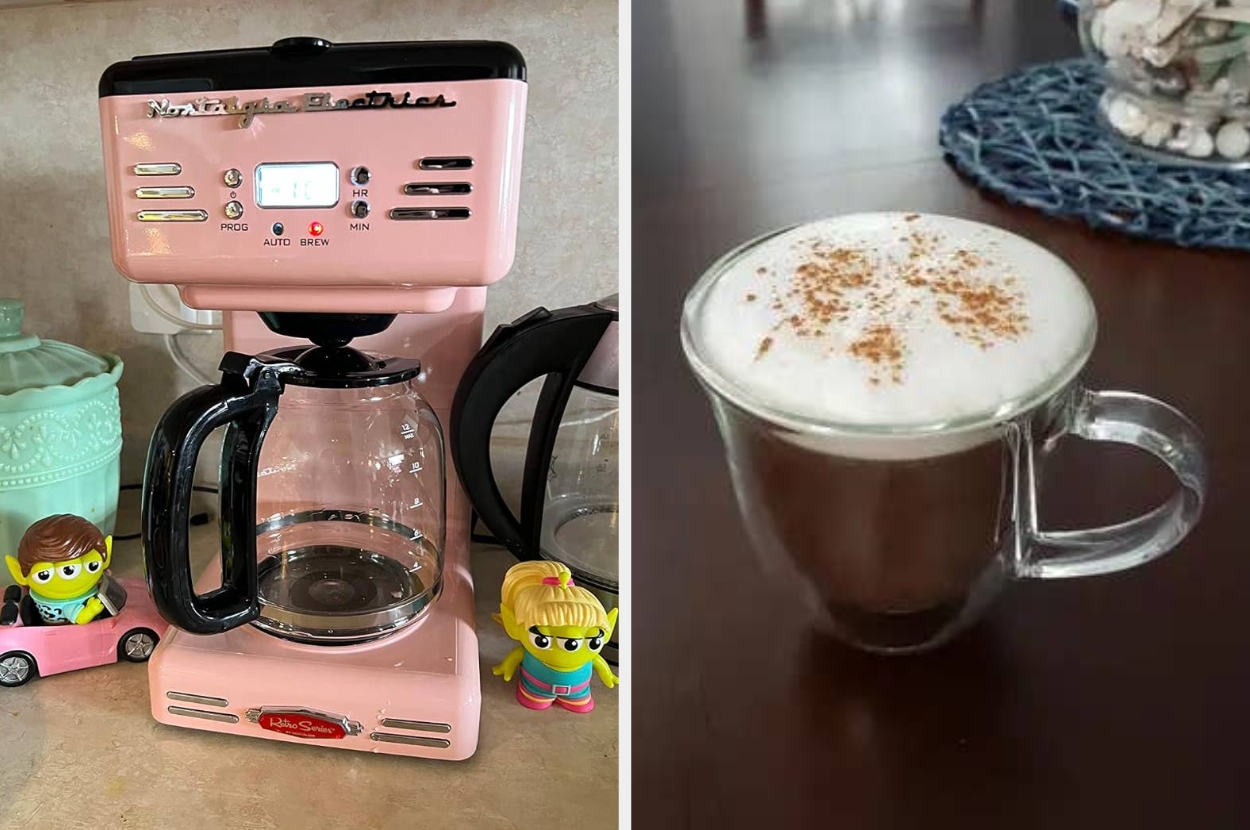 Retro-style coffee maker next to toys and a glass mug with frothy coffee on a table