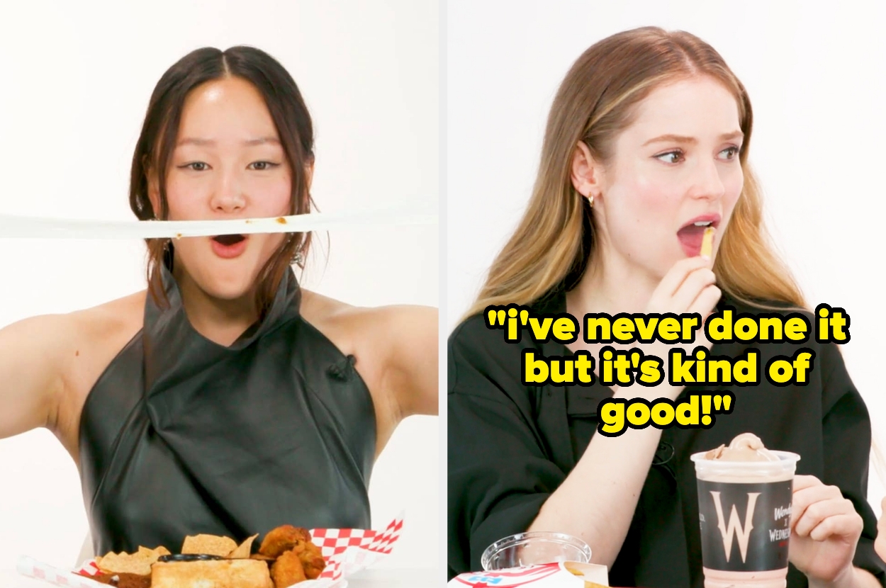 Yerin Ha gasping at a cheese pull in a mozzarella stick, and Hannah Dodd dipping a fry in a shake and saying, "I've never done it but it's kind of good"