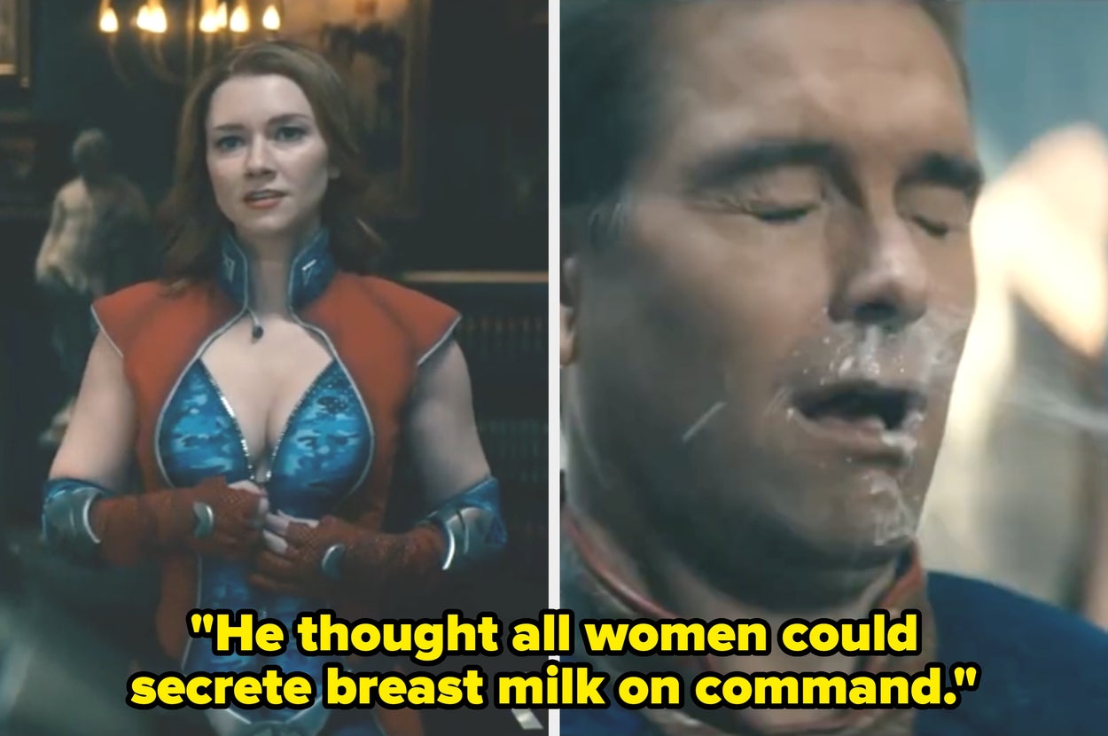 Split image from a TV show scene: left, woman in superhero costume; right, man with milk on face. Caption: "He thought all women could secrete breast milk on command."