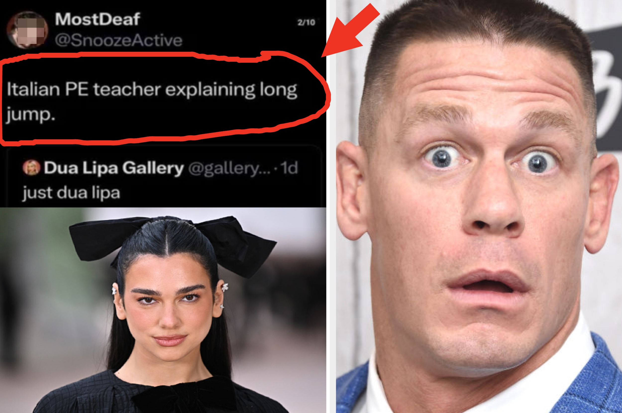 Split image: Left shows a tweet by MostDeaf about an Italian PE teacher and a Dua Lipa meme. Right shows a surprised person