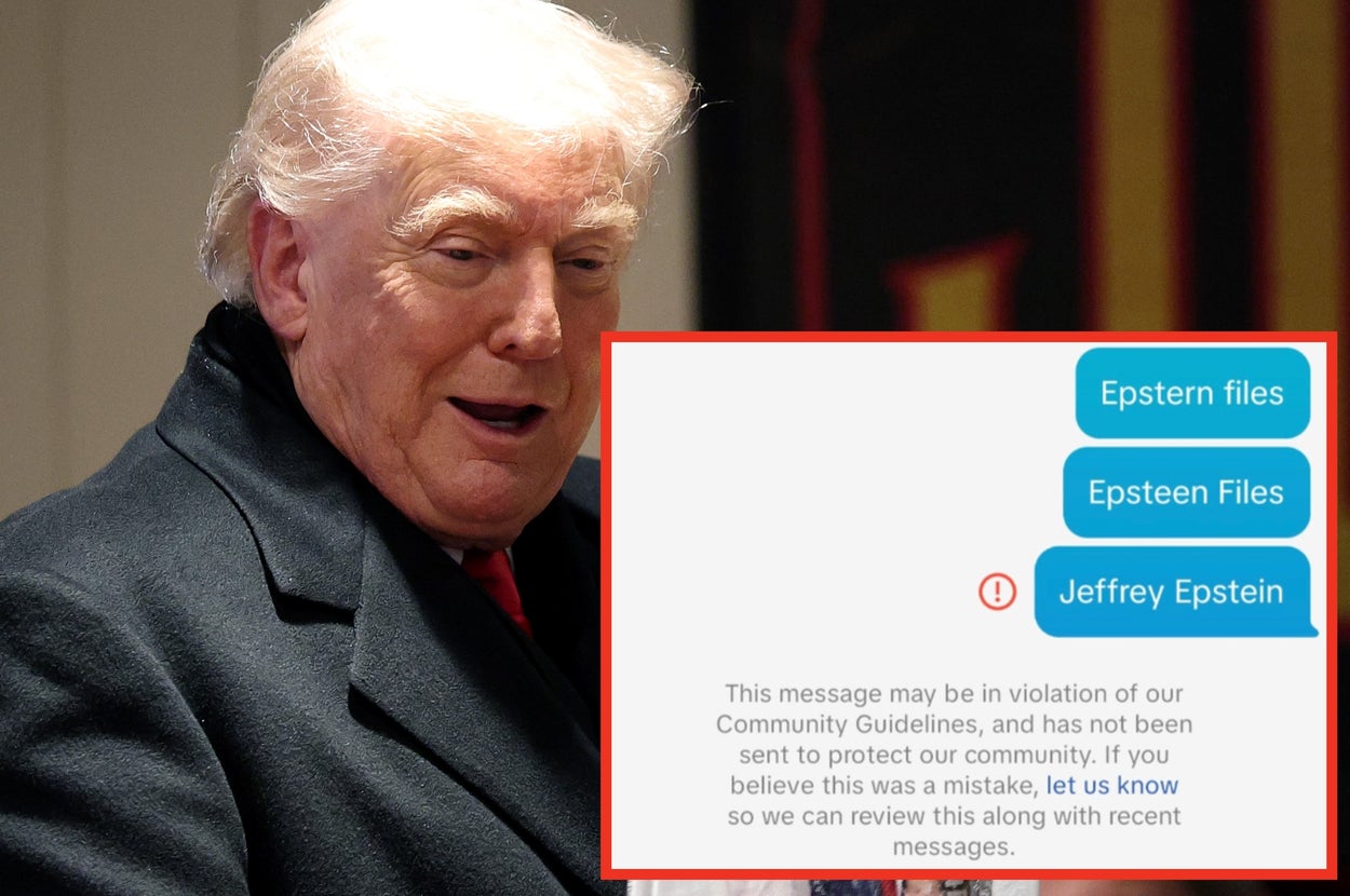 A person in a coat appears concerned; a screenshot beside them shows messages about "Epstein files" met with a community guideline violation notice