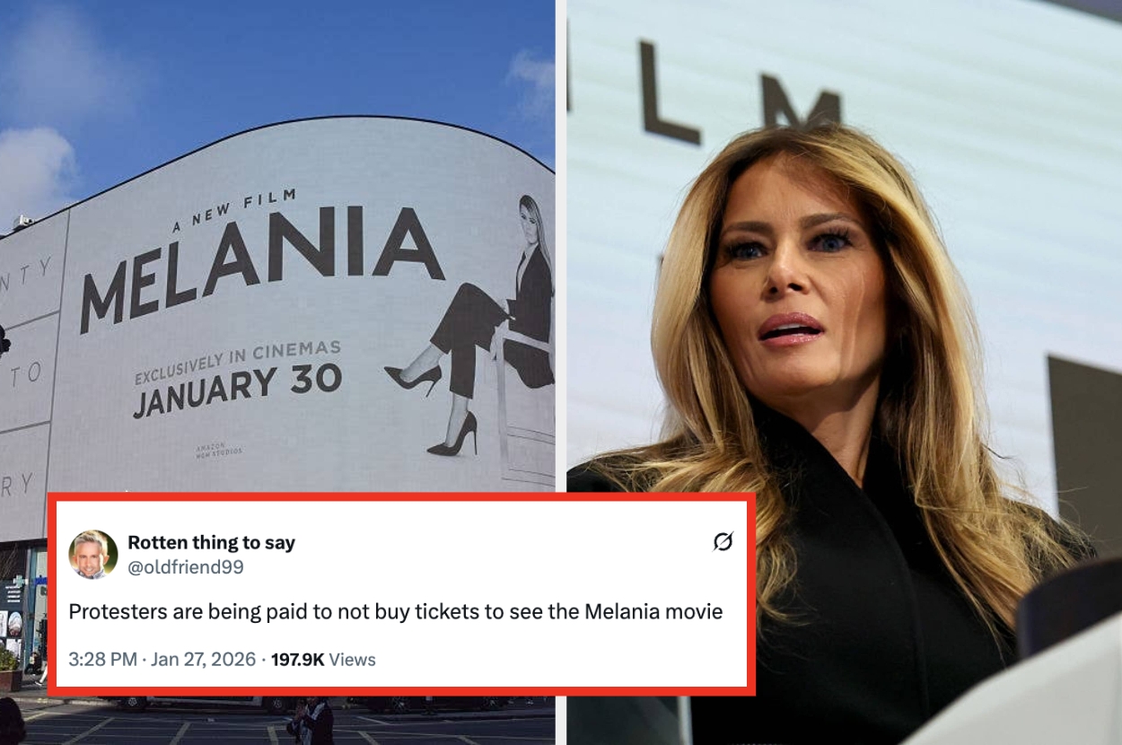 Split image: Left shows a billboard for a movie titled "Melania," opening January 30. Right shows a woman speaking at an event