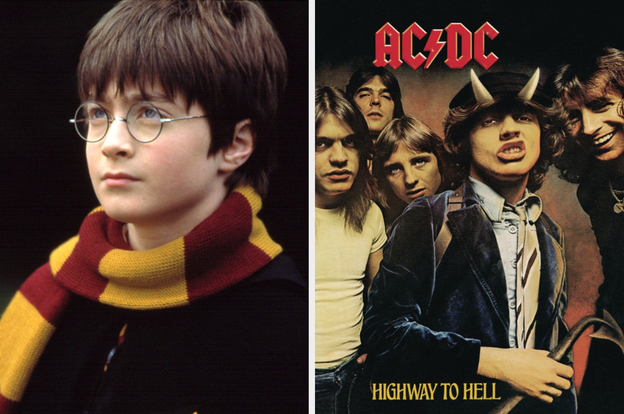 On the left, a character with glasses and a scarf. On the right, a band poses for an album cover with one member wearing horns