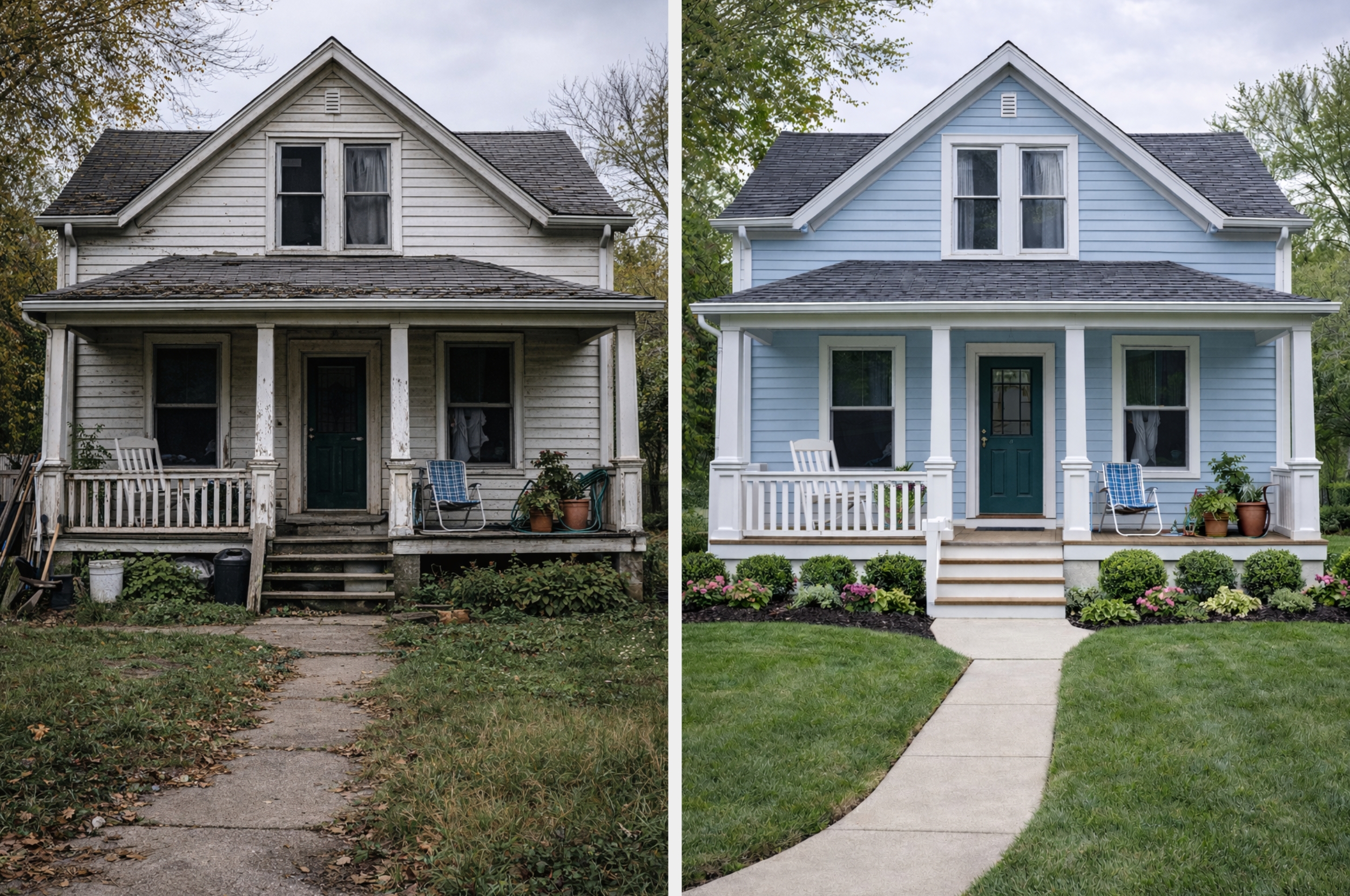 Side-by-side comparison of a house before and after renovation, featuring improved landscaping, a fresh exterior, and a new front porch