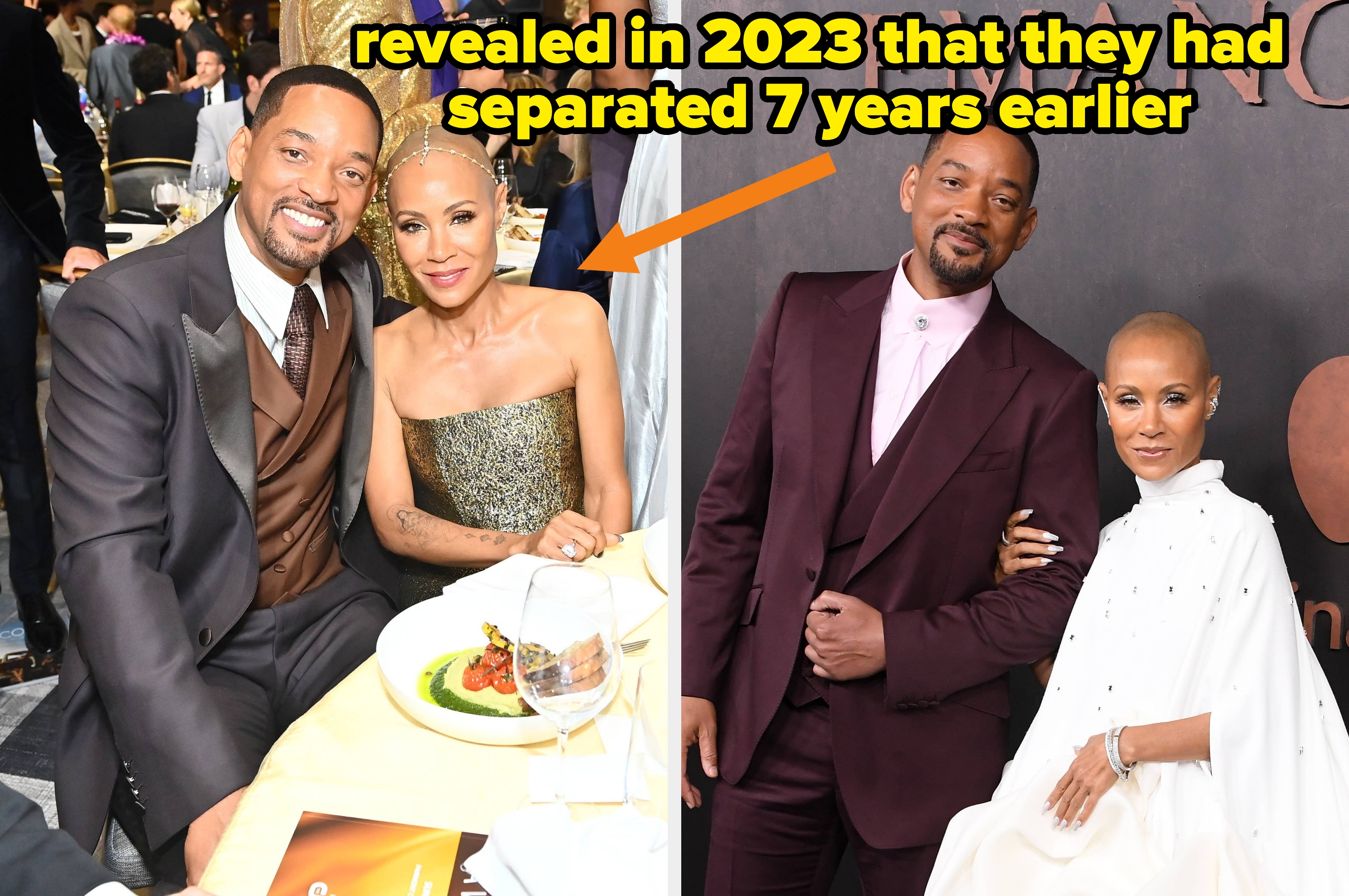 Will Smith and Jada Pinkett Smith smiling at a table vs Will Smith and Jada Pinkett Smith pose with their arms locked on the red carpet