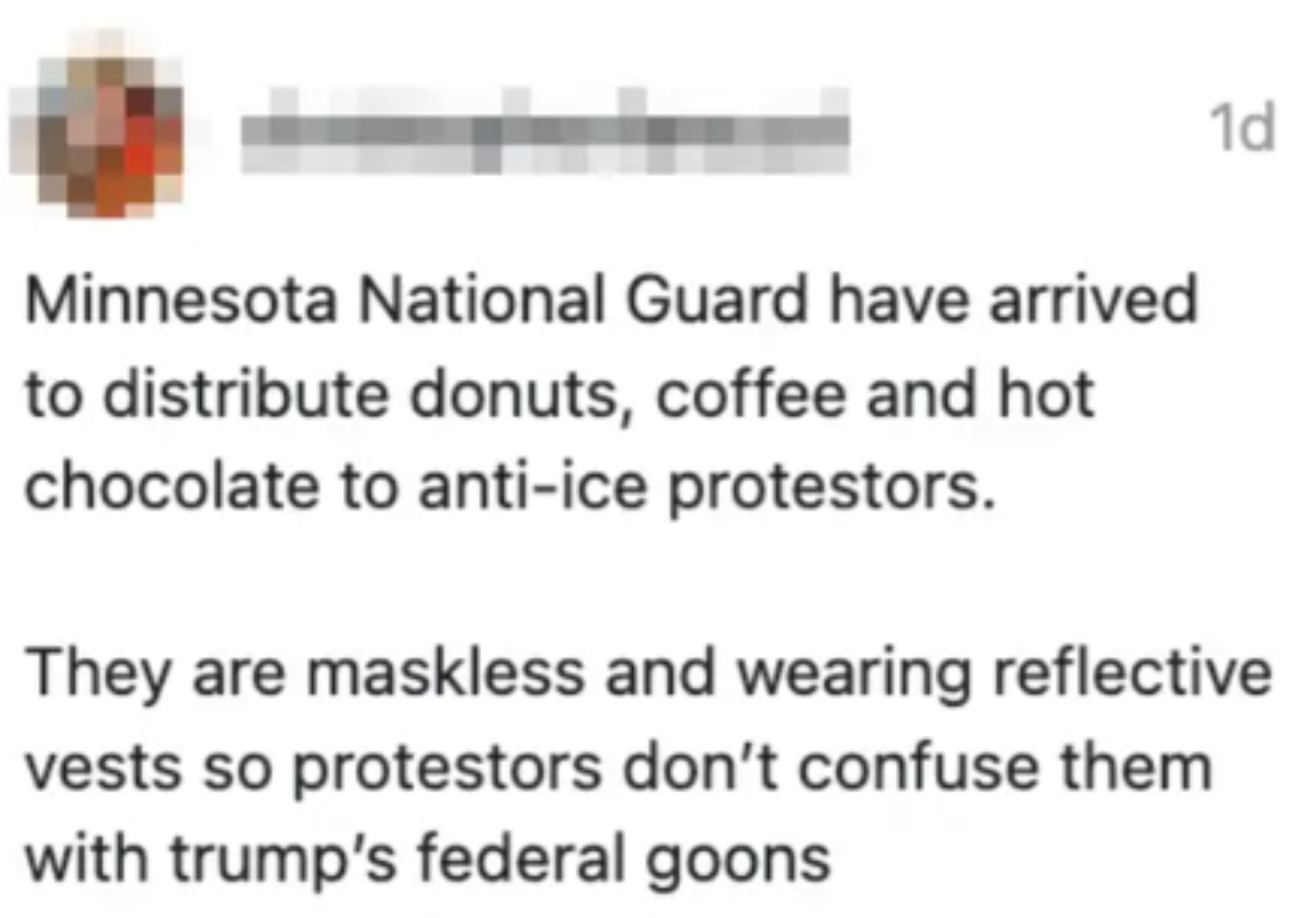 Sosiale medier-innlegg med tekst som sier at Minnesota National Guard tilbyr smultringer, kaffe og varm sjokolade til anti-is-demonstranter mens de har på seg refleksvester