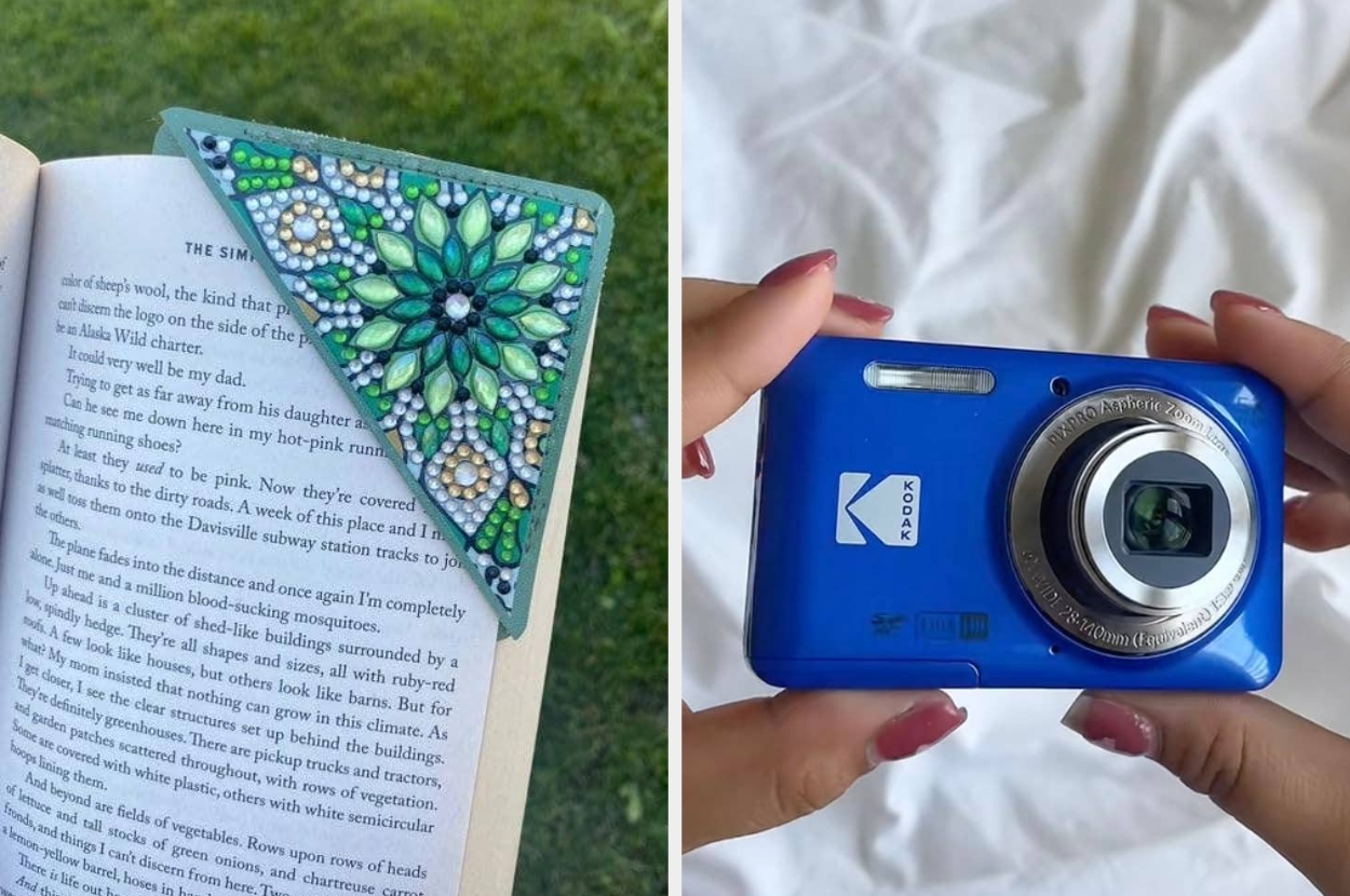 left: opened book with a triangular, bedazzled bookmark on the corner of the page; right: reviewer holding a blue Kodak digital camera