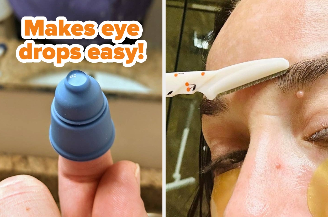 Two images: one shows a silicone eye drop aid on a fingertip, the other shows a person using an eyebrow razor near their brow