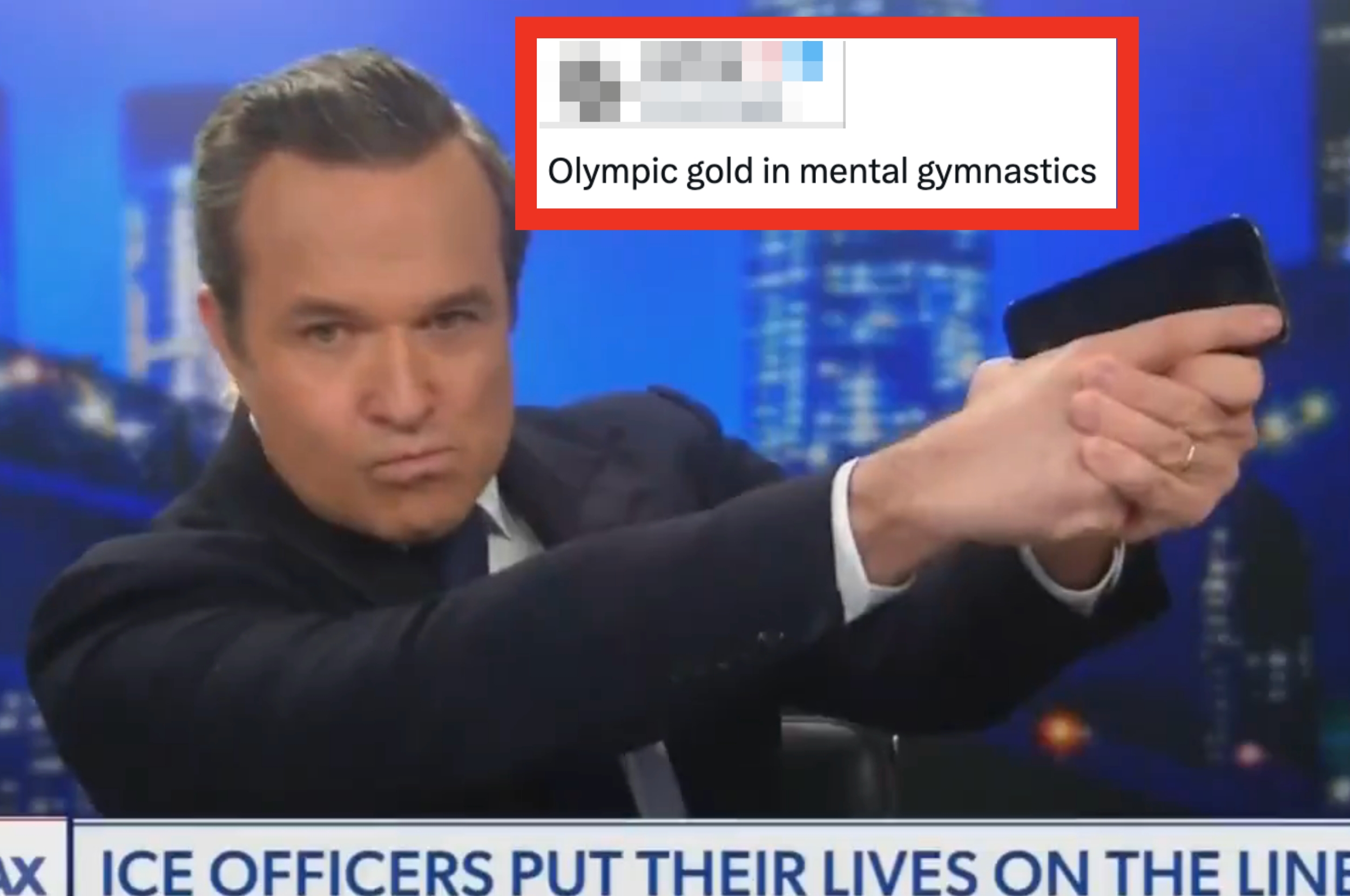 A person on TV mimics holding a gun. An overlay reads, "Olympic gold in mental gymnastics." News ticker visible at bottom