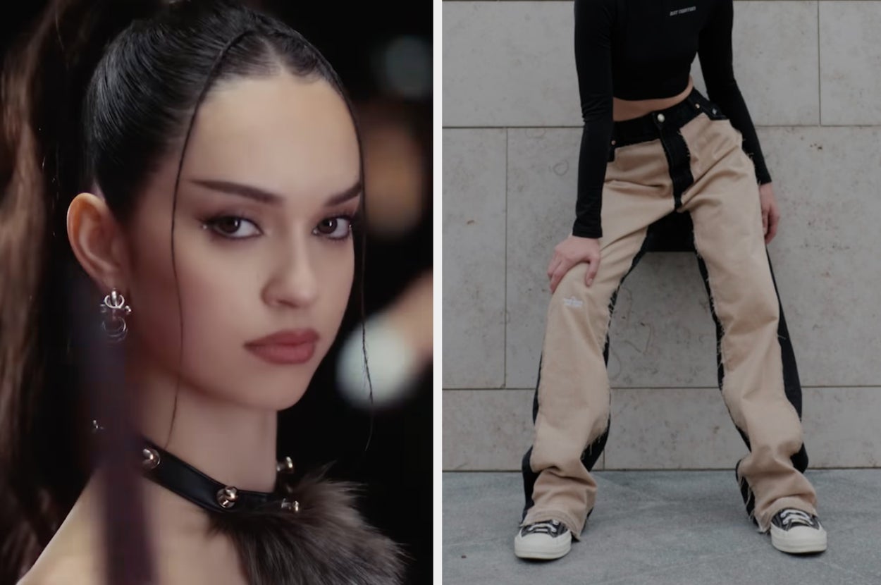 Left: Person with high ponytail, wearing earrings and a studded choker. Right: Close-up of person in black top and contrasting wide-leg pants