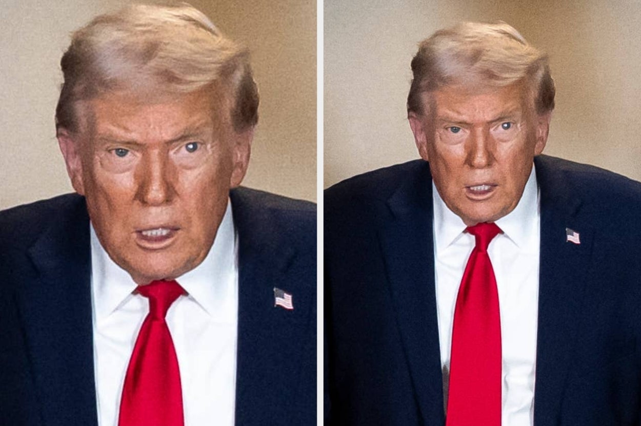 Person in a suit with a red tie, shown in two similar frontal portraits