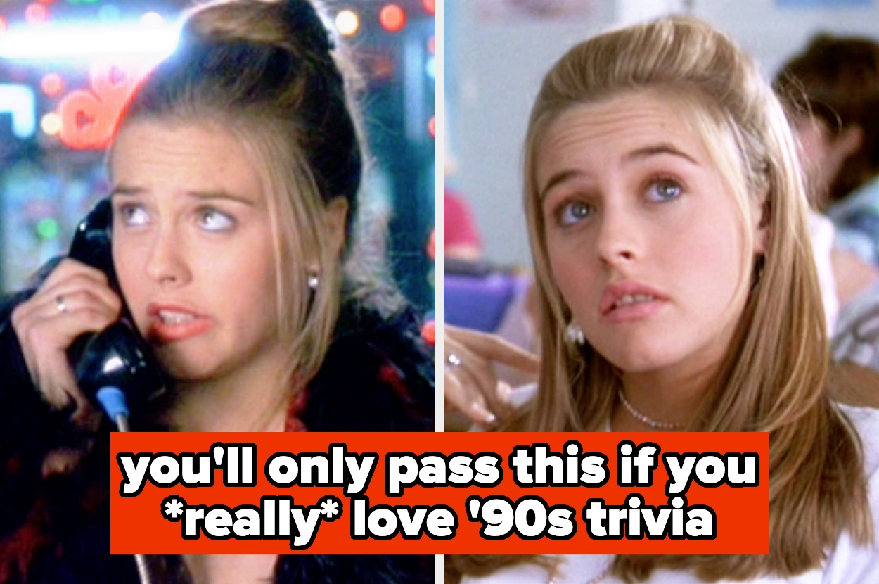 Split image of a young woman talking on a payphone and pondering in class, text overlay: you'll only pass this if you *really* love '90s trivia