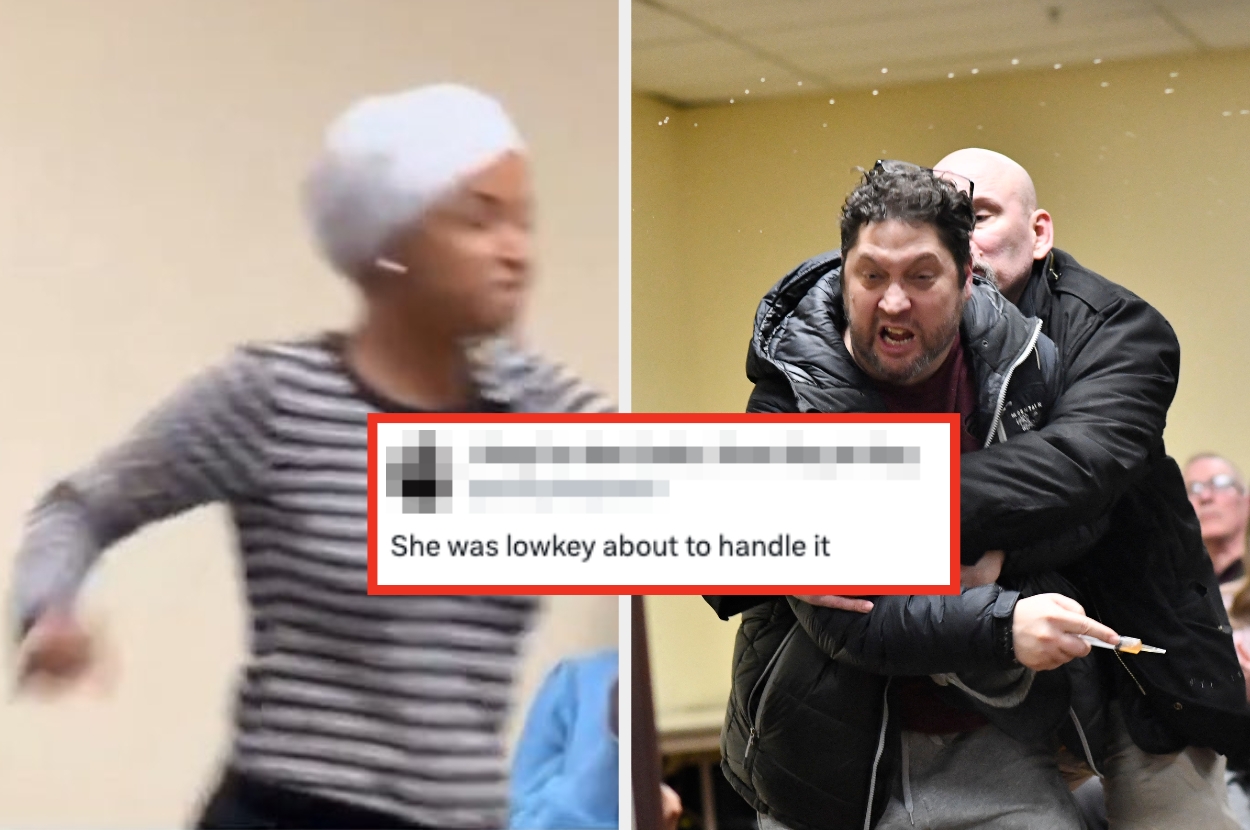 A blurred woman appears to be in motion next to an image of a man being restrained. Overlay text reads: "She was lowkey about to handle it."