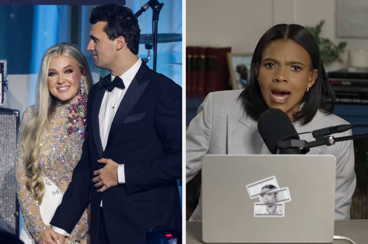 A couple poses on stage at an event; a woman wearing an ornate dress and a man in a tuxedo. Another woman speaks into a microphone during an interview