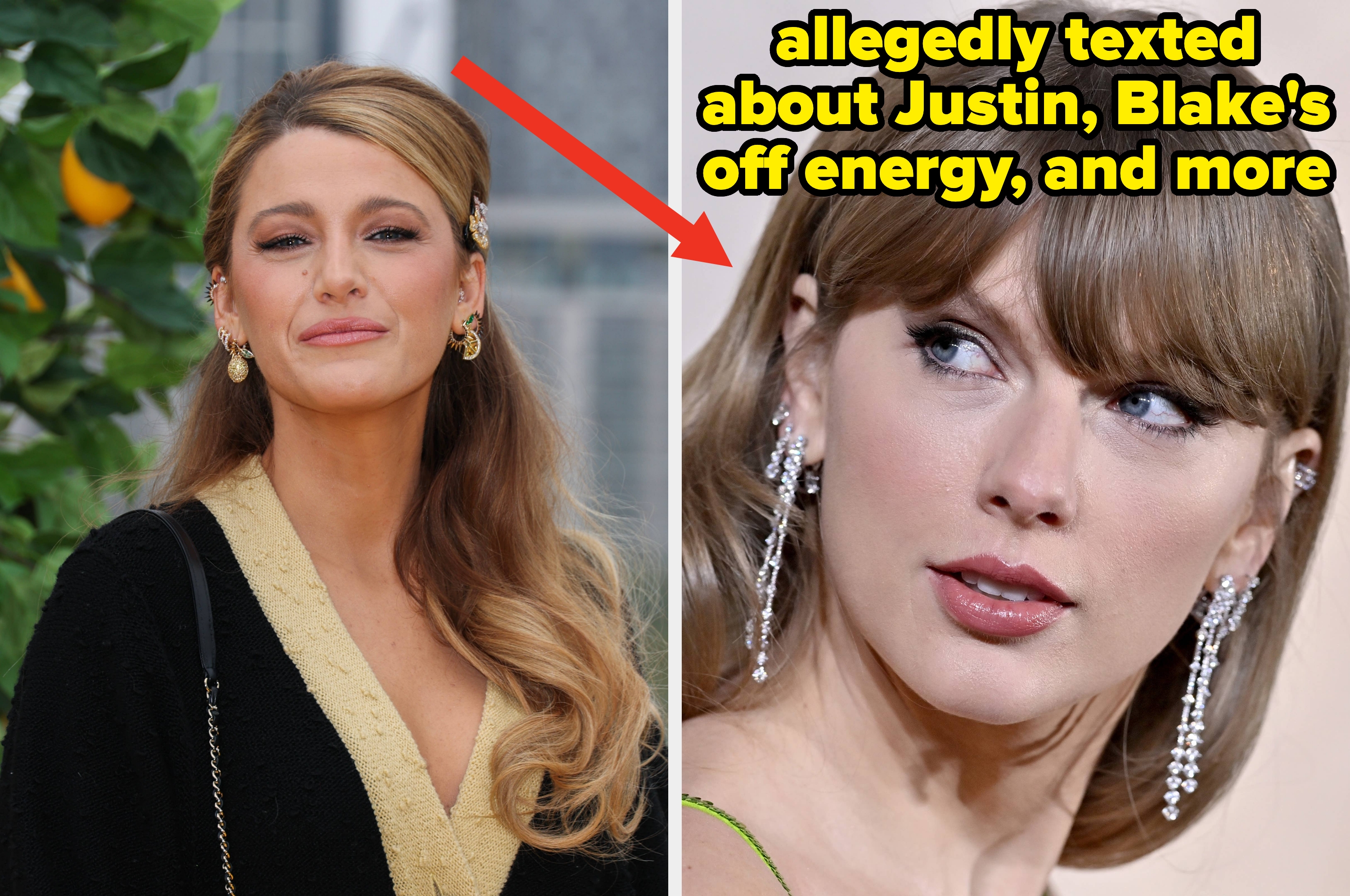 Blake Lively with long wavy hair pinned halfway up vs Taylor Swift close up with bangs