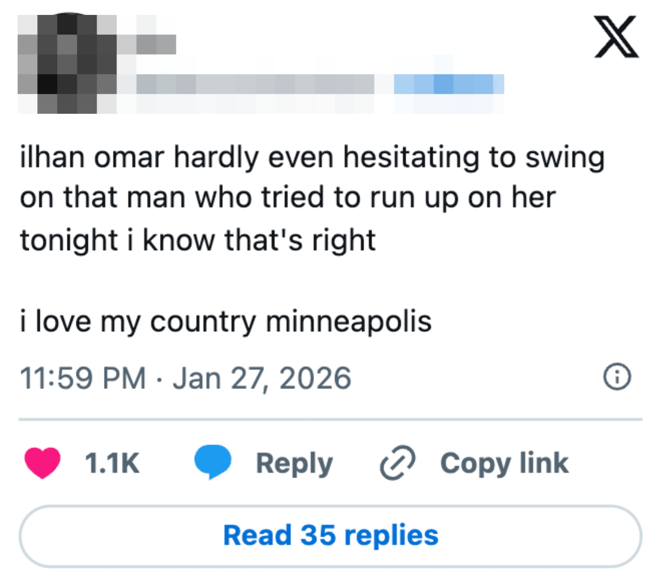 Tweet som uttrykker beundring for Ilhan Omars raske respons på en manns tilnærming i Minneapolis
