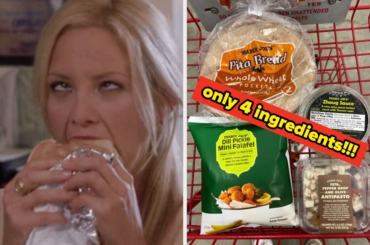 Person eating a sandwich next to a shopping cart with pita bread, mini falafel, zhoug sauce, and antipasto. Text reads: "only 4 ingredients!!!"