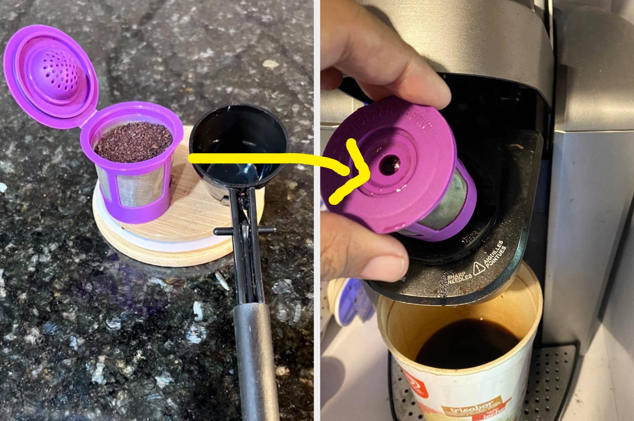 Reusable purple coffee pod being filled with coffee grounds and placed in a single-serve coffee machine