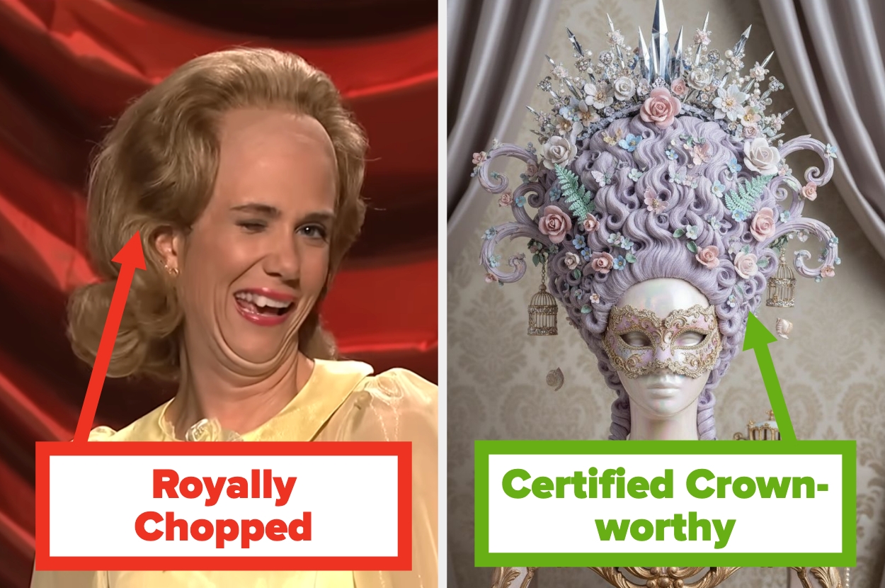 Split image: left shows a comedic winking person with "Royally Chopped," right features an elaborate rococo-style headpiece labeled "Certified Crown-worthy."