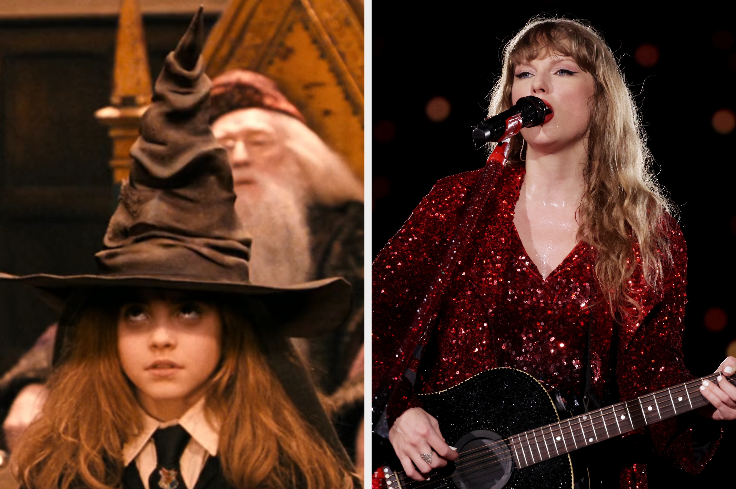 On the left, Hermione wearing the Sorting Hat, and on the right, Taylor Swift singing and playing the guitar on stage