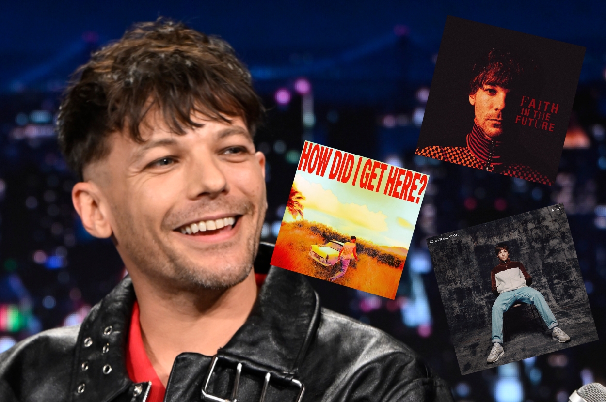 Smiling Louis Tomlinson in a leather jacket on a talk show set, with album covers floating nearby