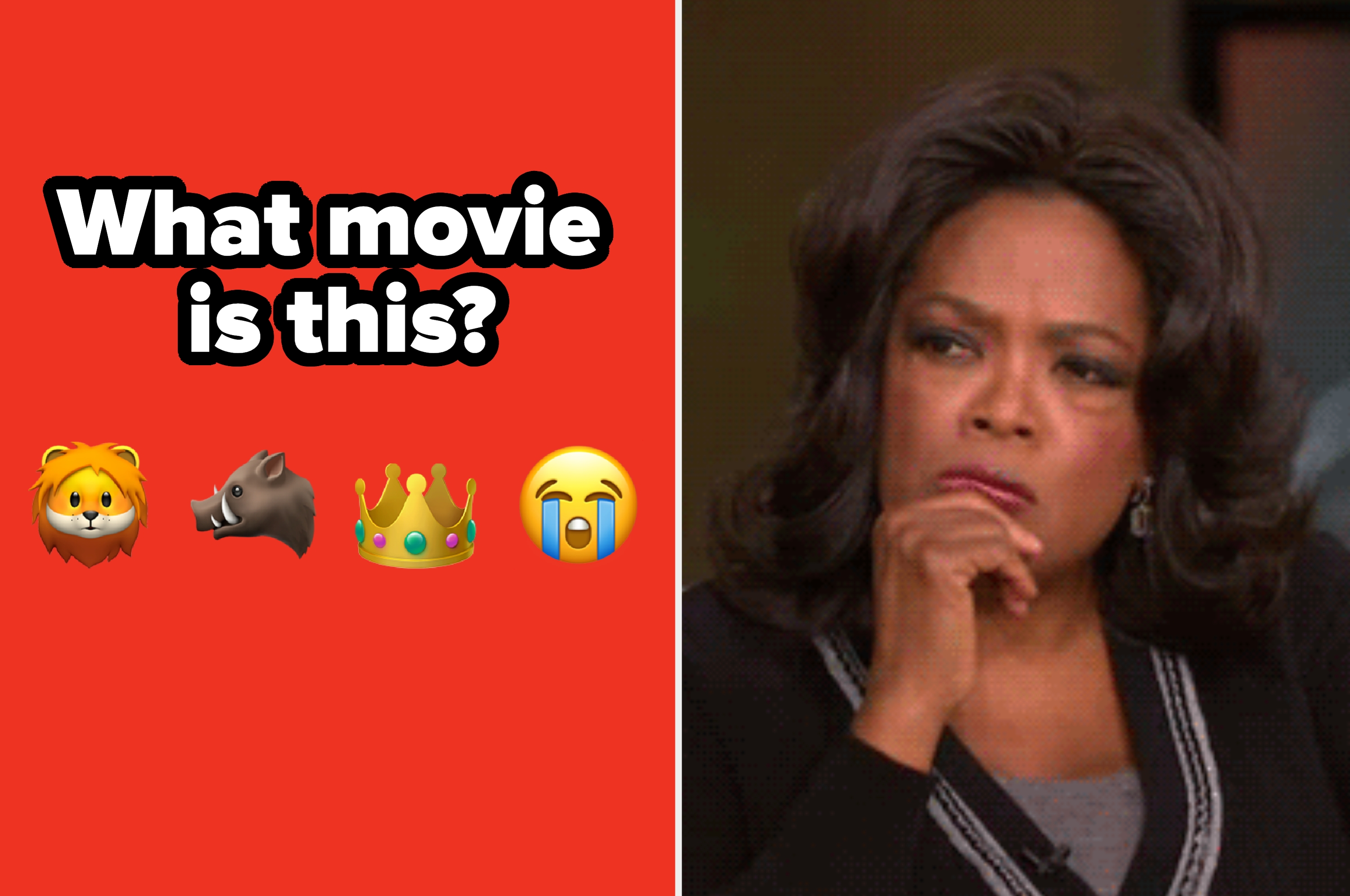 The image asks, "What movie is this?" with emojis of a lion, warthog, crown, and crying face. A woman looks contemplative